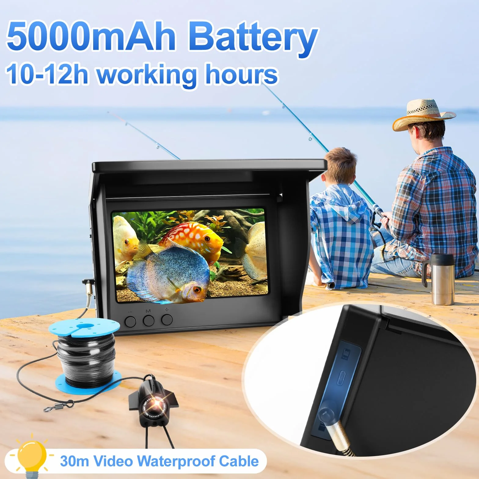 Underwater Fishing Camera, 5000mAh Battery Fish Finder Camera Waterproof with 4.3 Inch IPS Display and 30M Cable, 220° Wide Angle Night Vision for Ice, River and Boat Fishing