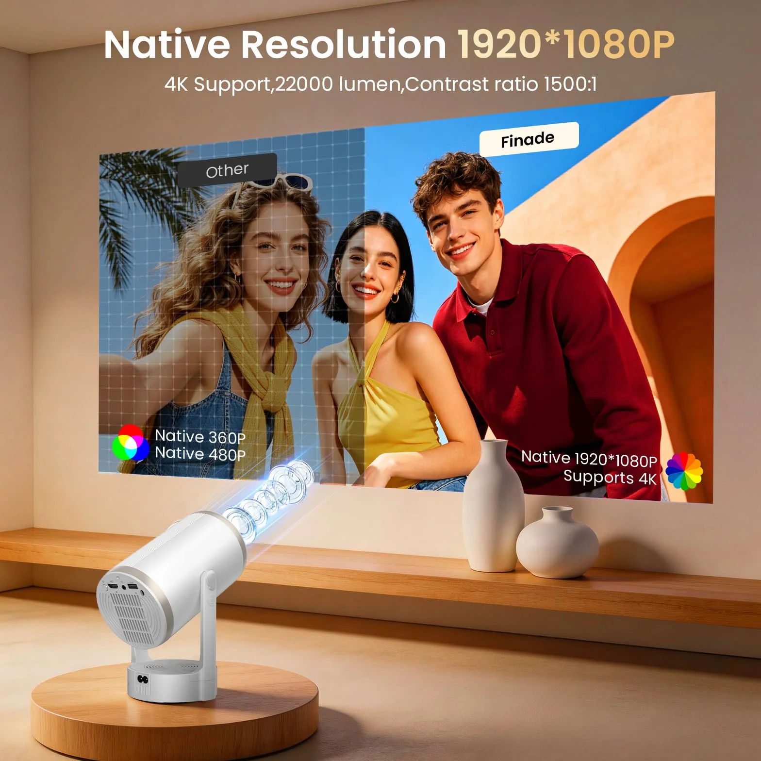 Proiettore Portatile Supporto 4K 1080P, Mini Proiettore Android 12.0 WiFi 6 Bluetooth 5.4, 260 ANSI Lumen, Auto Keystone e Zoom Regolabile, Rotazione a 180°, Schermo 30 a 200 Pollici per Home Cinema