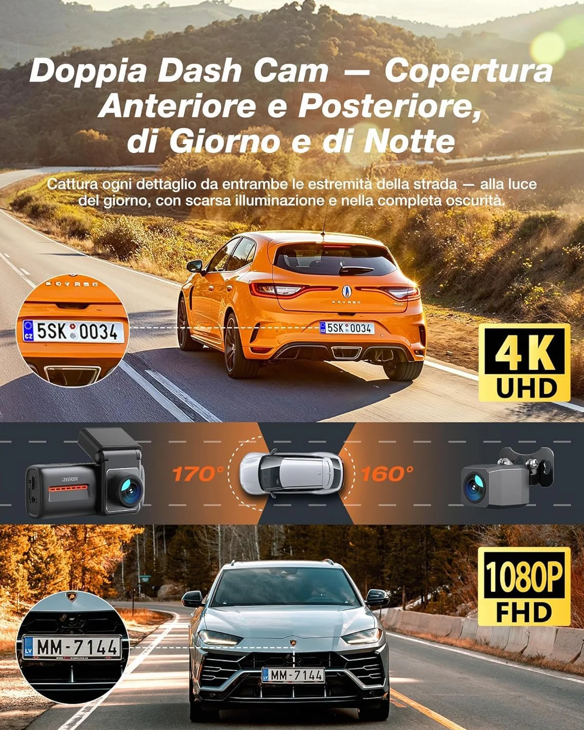 iZEEKER 4K Dash Cam Auto, WiFi 6 Dashcam Auto con Scheda SD 32G, Doppia Dash Cam 4K+1080P, Display IPS da 2,99", APP, Visione Notturna, Sensore G, Registrazione in Loop, Modalità Parcheggio 24H