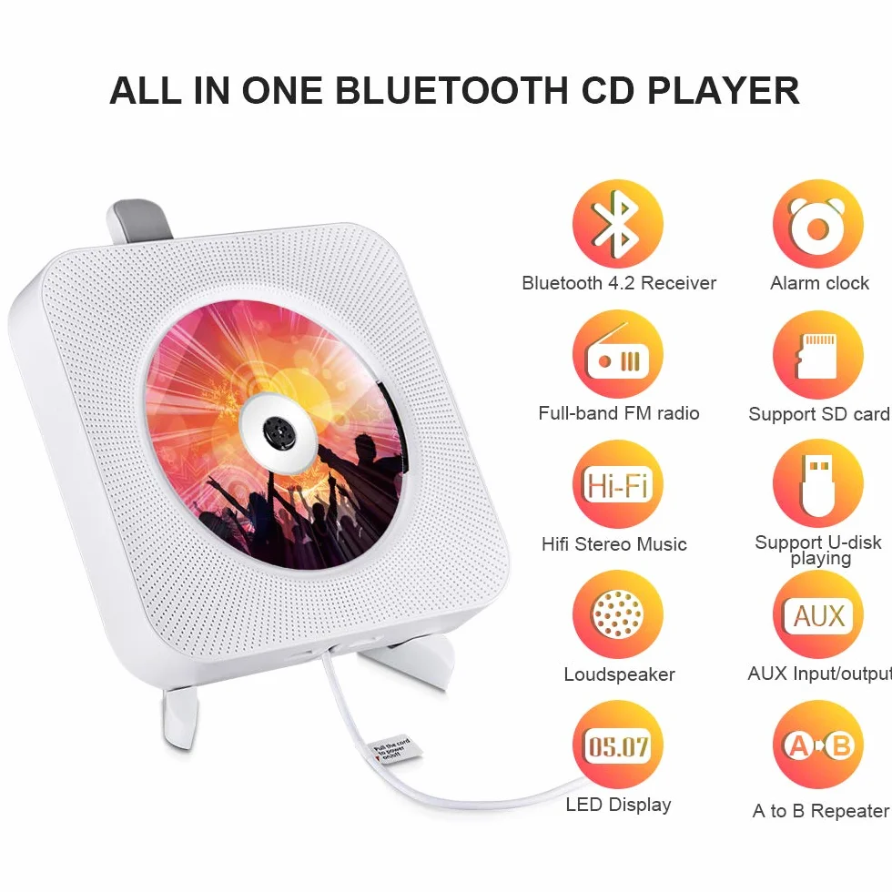 Lettore CD Portatile Qoosea Lettore Musicale Montabile a Parete Altoparlanti HiFi Bluetooth Integrati con Telecomando Radio FM Ingresso 3,5 mm AUX con Interruttore a Tirante