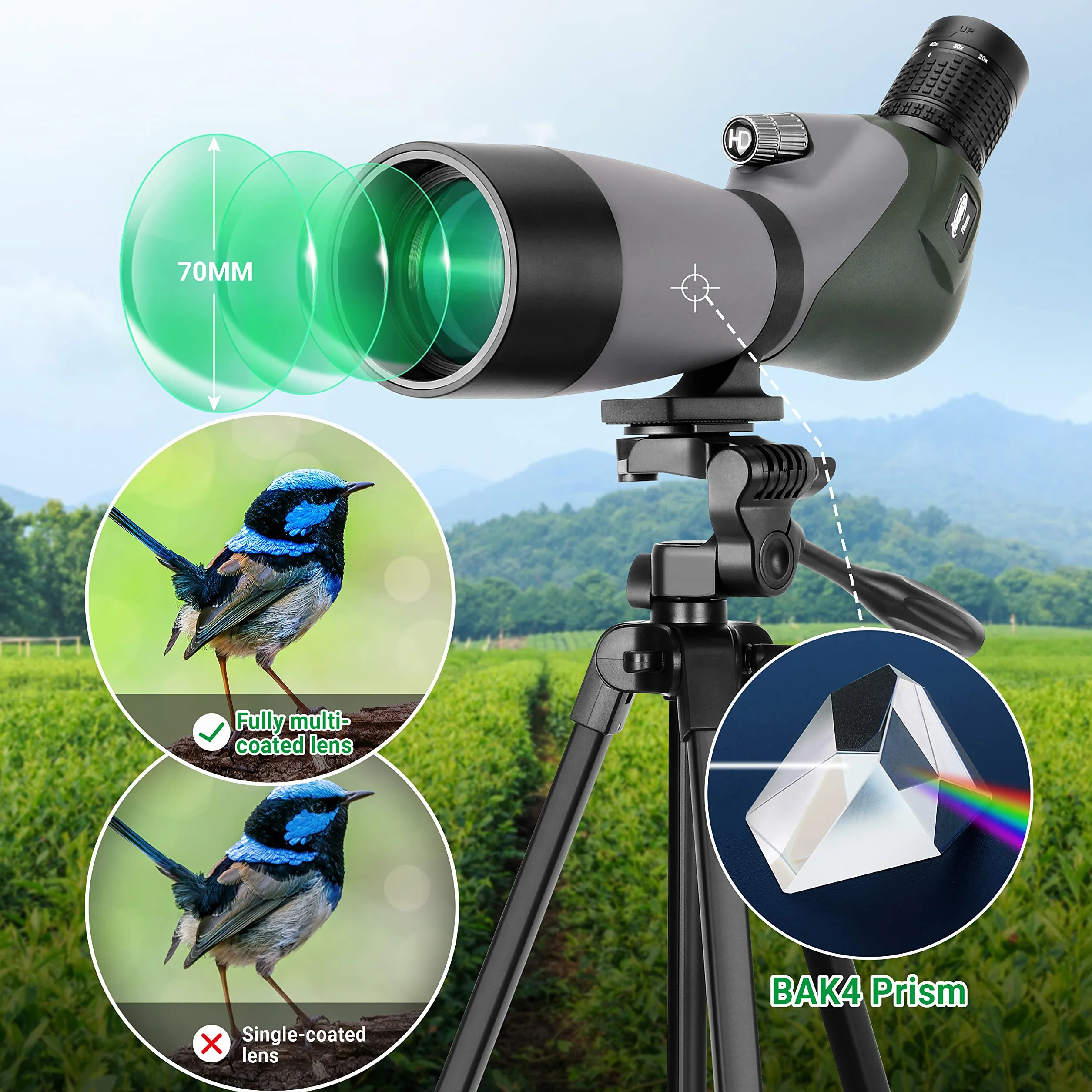 Aomekie 20-60x70 Cannocchiale Spotting Scope Zoom con Treppiede Regolabile Leggero e Adattatore per Telefono. Telescopio Terrestre Portatile Ideale per Osservazione Fauna Selvatica e Tiro al Bianco