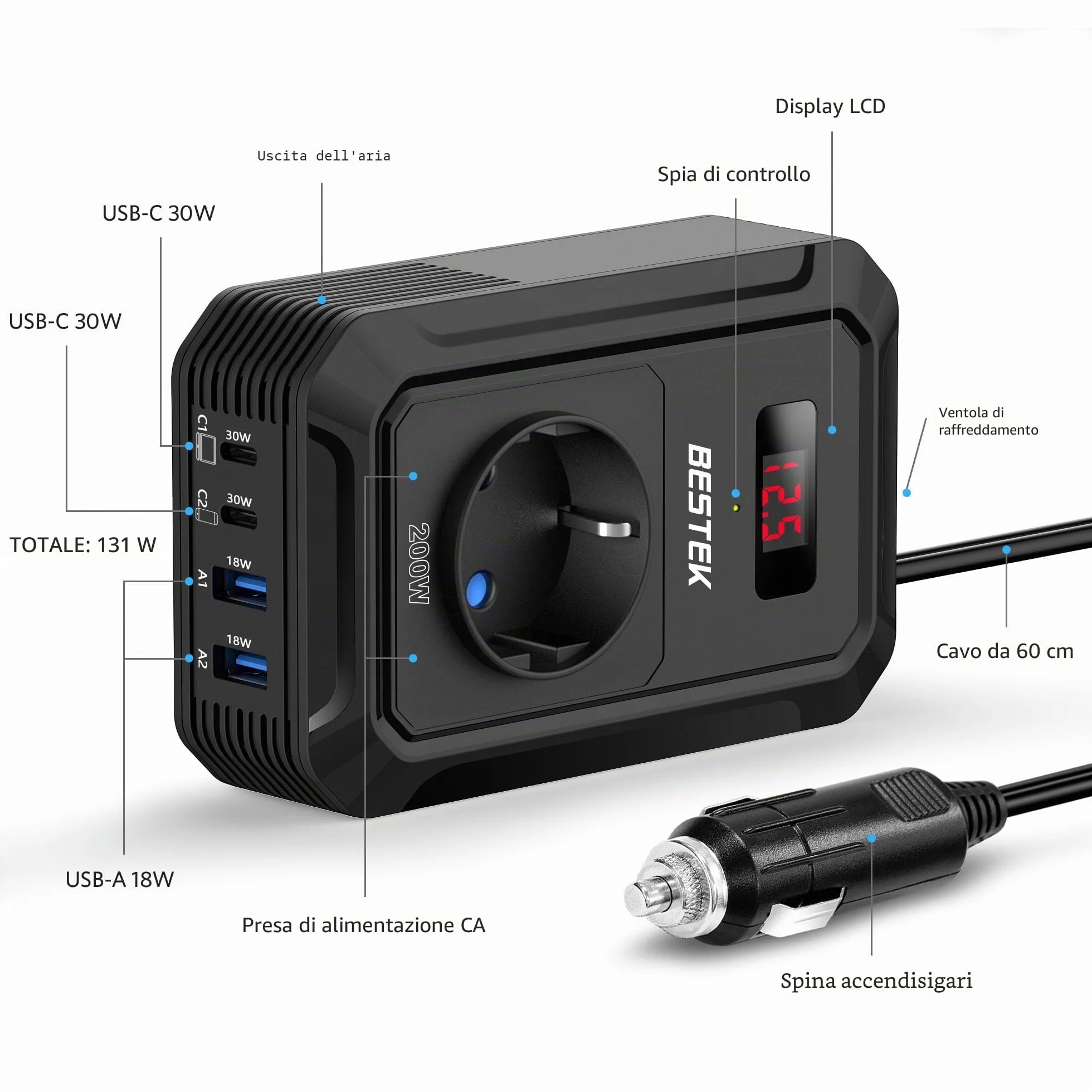 BESTEK 200W Inverter 12v 220v 230V 240V Onda Pura,Inverter Auto con Prese AC 2 USB-C (2*PD 30 W) 2 USB-QC (18 W),Convertitore Potenza per Camper/Barca a Onda Sinusoidale Modificata（Nera）