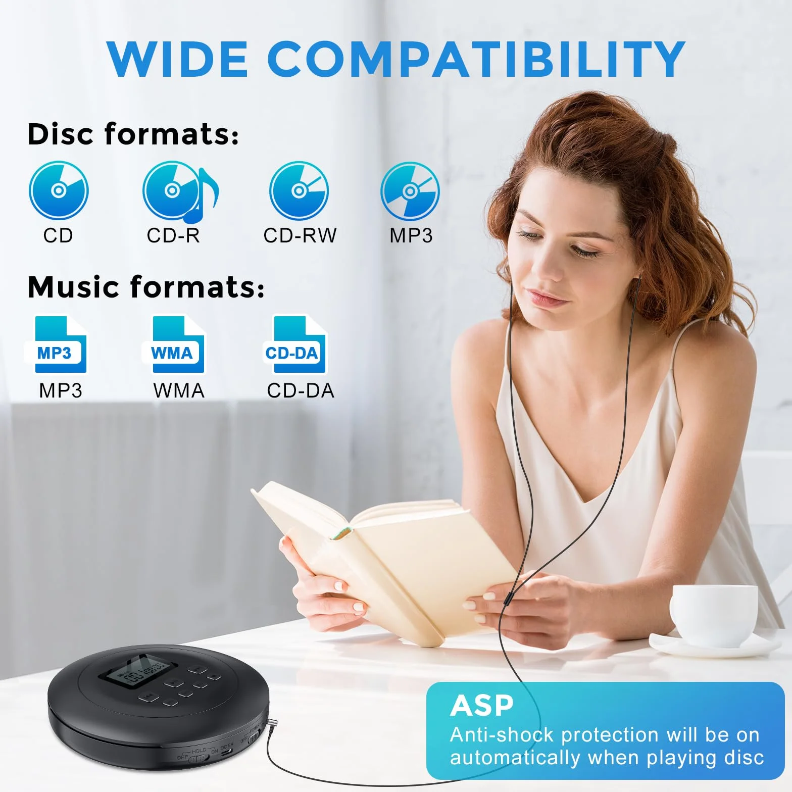 Gueray Lettore CD Portatile Lettores CD Personale con Cuffie Display LCD Anti-Skip Protezione HiFi Classico CDs Lettori di Musica Memoria per Auto Casa (Nero)