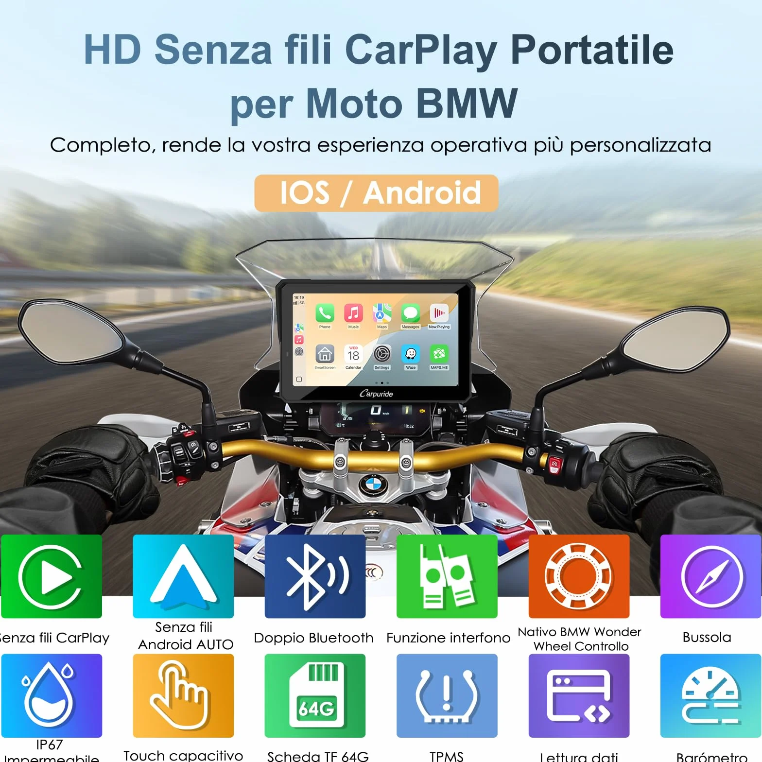 Carpuride W702BS Pro Moto Carplay Schermo con Wonder Wheel per BMW Moto, Senza Fili CarPlay e Android Auto, 7 Pollici Impermeabile Touchscreen, Doppio Bluetooth, Interfono Funzione, Dati Lettura.