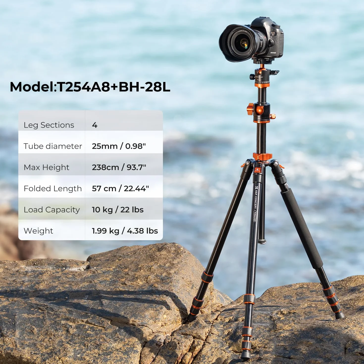 K&F Concept Treppiede Fotocamera 240cm, Treppiede in Alluminio con Colonna Centrale Orizzontale e Monopiede, Cavalletto Fotografica, Compatibile con DSLR Reflex Sony Nikon Canon, T254A8+BH-28L, 10kg