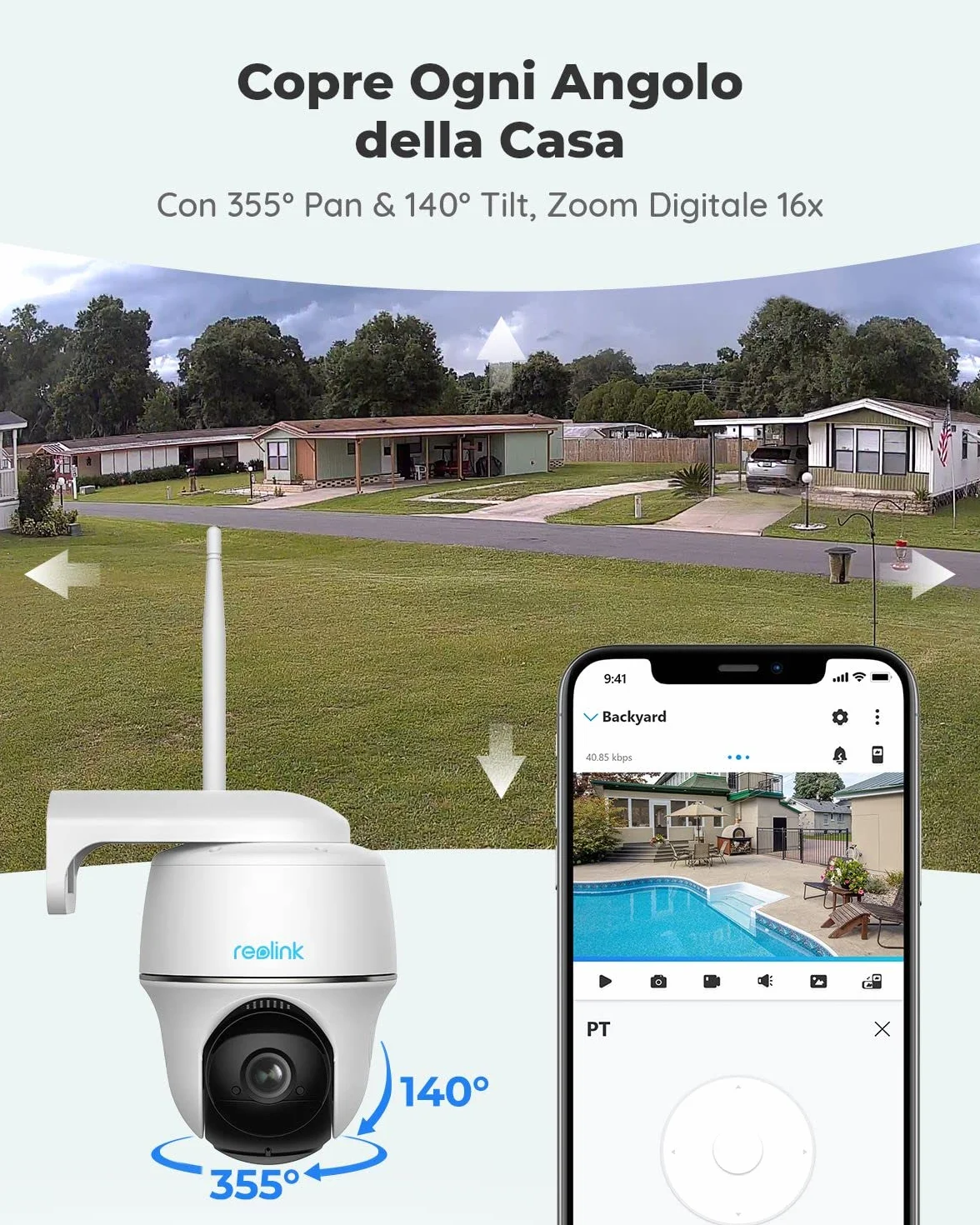 Reolink 5MP 360° PTZ Telecamera WiFi Esterno Batteria Senza Fili, Videocamera Sorveglianza Esterno Argus PT + Pannello Solare, Rilevamento Persone/Veicoli, Audio a 2 Vie(Ricondizionato)