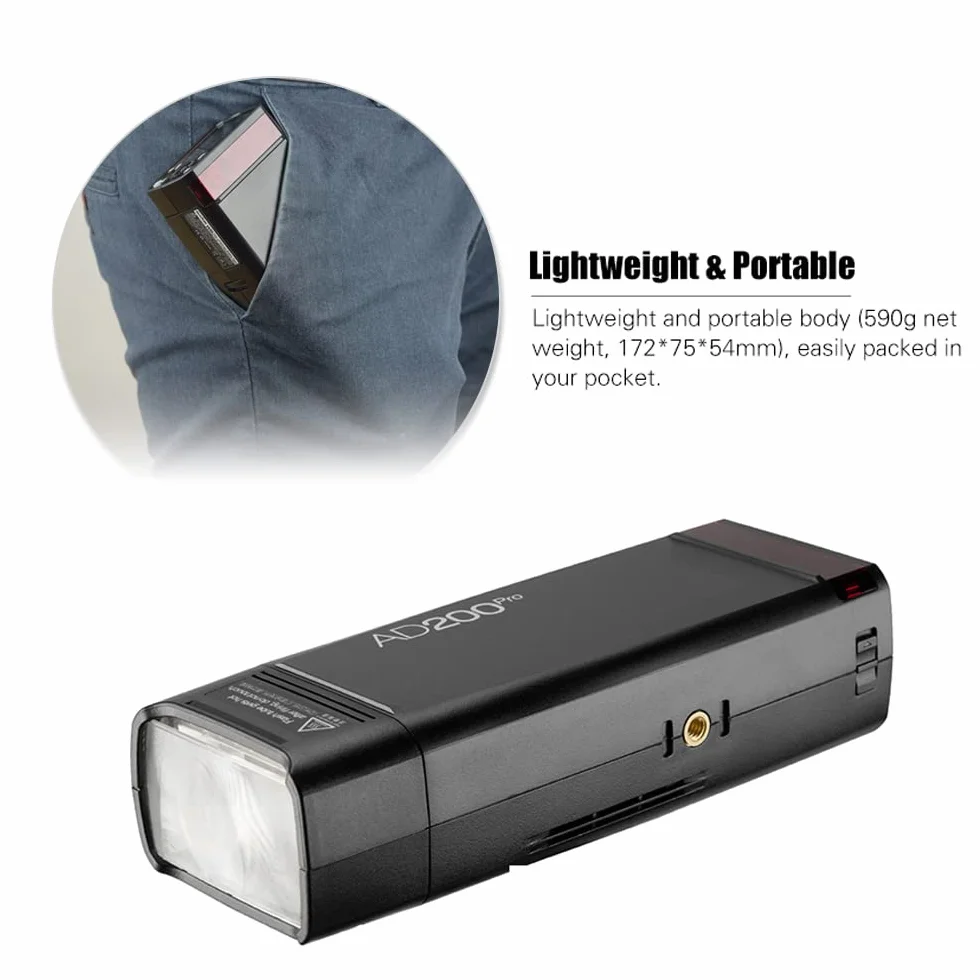 Godox AD200Pro Pocket Flash Flash portatile TTL wireless con testina intercambiabile GN52 GN60 1 / 8000s HSS 2.4G Wireless X System 200W per Nikon Sony Fujifilm Olympus Panasonic Canon EOS Telecamere