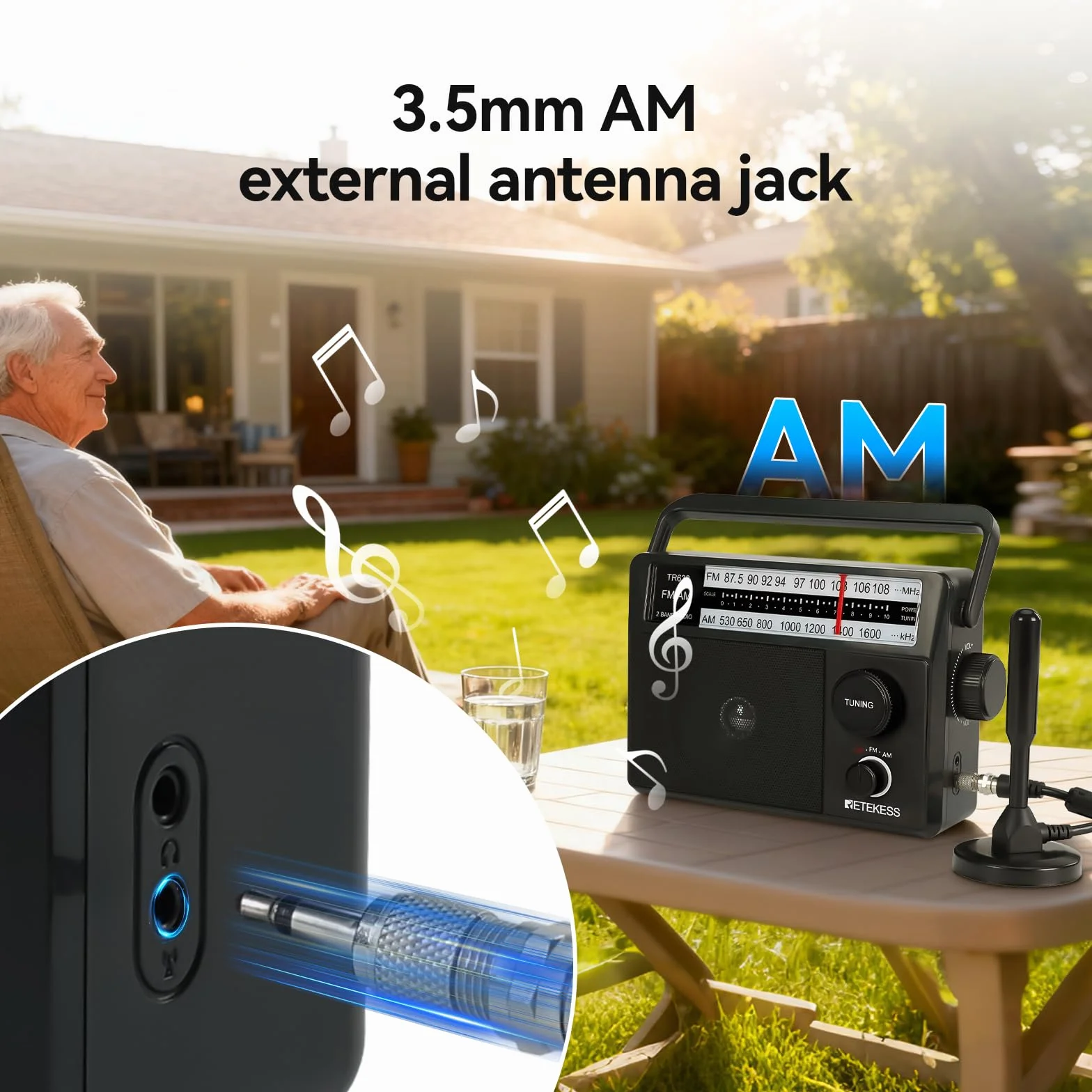 Retekess TR633 Radio Portatile, AM FM Radio,Transistore Radiolina Portatile, Jack per Cuffie,Con Altoparlante Grande, Semplice per anziani,Cucina,Per Camera da Letto(Nero)