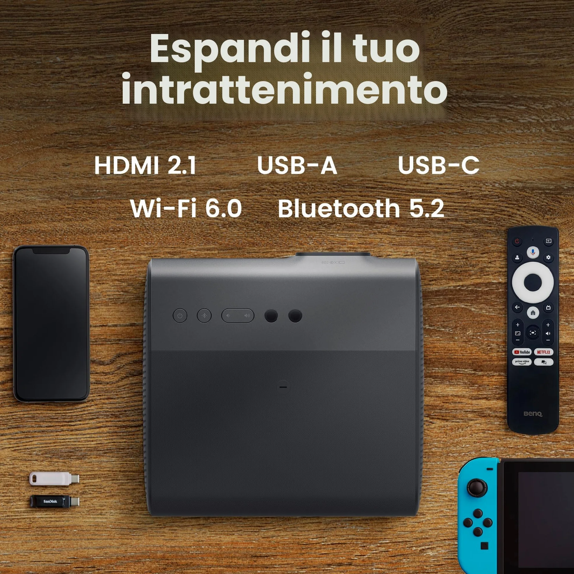 BenQ GP520 - Proiettore LED 4K HDR da 2600 lm per intrattenimento domestico, Google TV integrata, modalità Auto Cinema, MEMC, Rec.709, HDR10+, HDMI 2.1, USB-C, Wi-Fi, Bluetooth 5.2, eARC, Dolby
