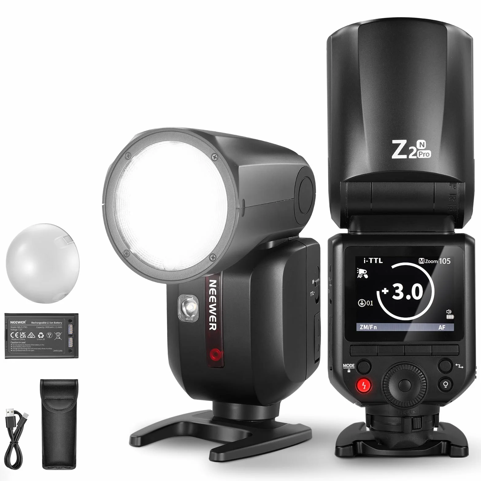 NEEWER Z2PRO-N Flash Speedlite Rotondo TTL 2.4G Compatibile con Nikon, Wireless Compatibile con Godox, 76Ws HSS 1/8000s, UI Aggiornata, Tasto TCM per TTL/M, 3000mAh 600 Luce a Piena Potenza, Diffusore