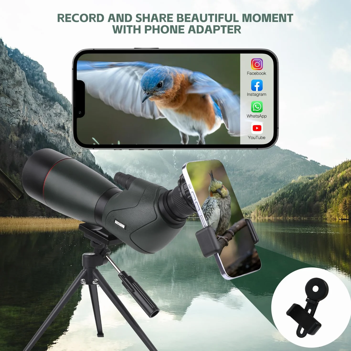 Cannocchiale,telescopio impermeabile con treppiede con prisma BAK4, adattatore per telefono, borsa per il trasporto, per l'osservazione degli uccelli e la caccia (MY-GN0039G(25X))