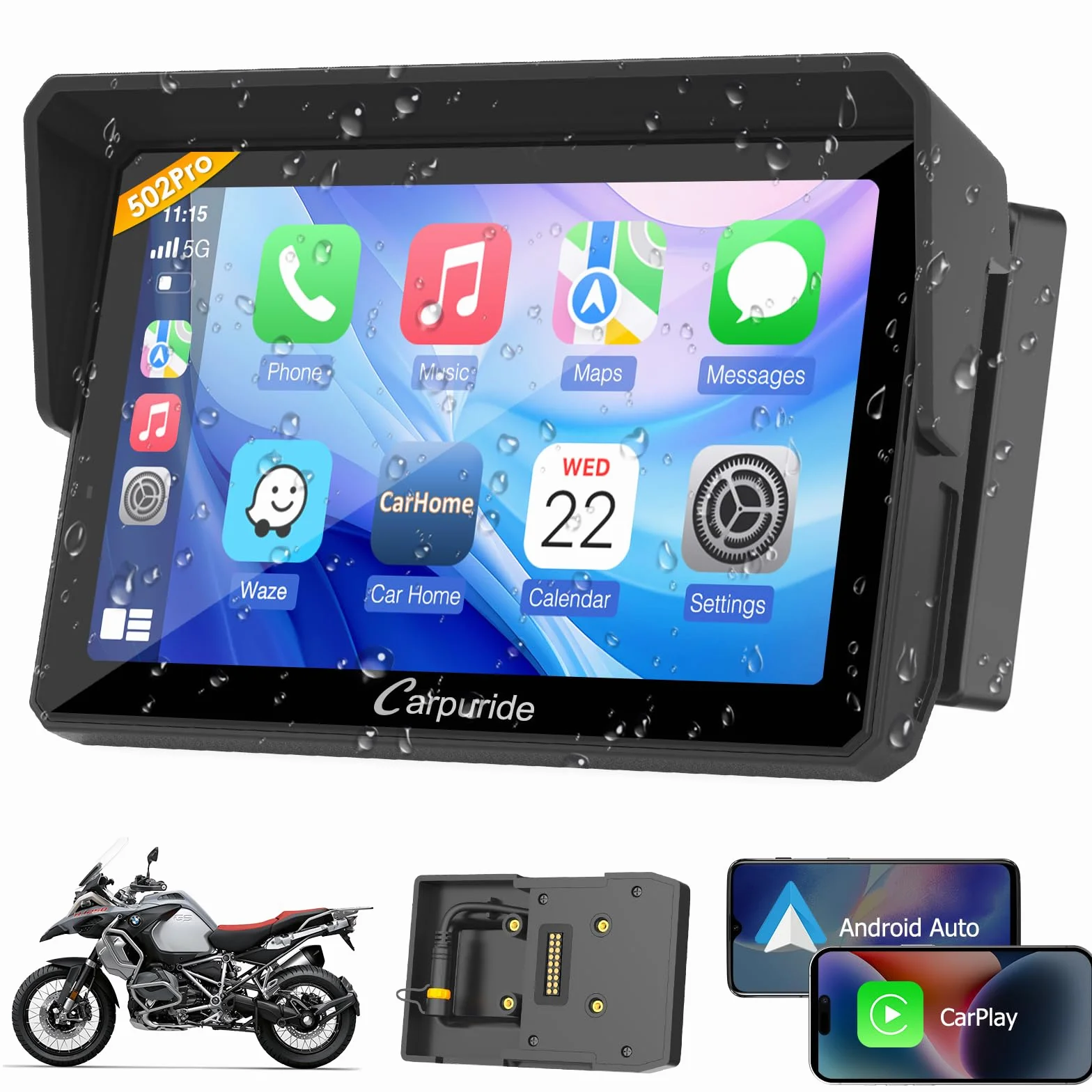 Carpuride W502PRO B per Moto B.-M-.W CarPlay e Android Auto e Doppio Bluetooth, Navigatore Moto Impermeabile da 5 pollici, condivisione di musica, Interfono, EQ, Sensore di Luce, Bussola, Barometro