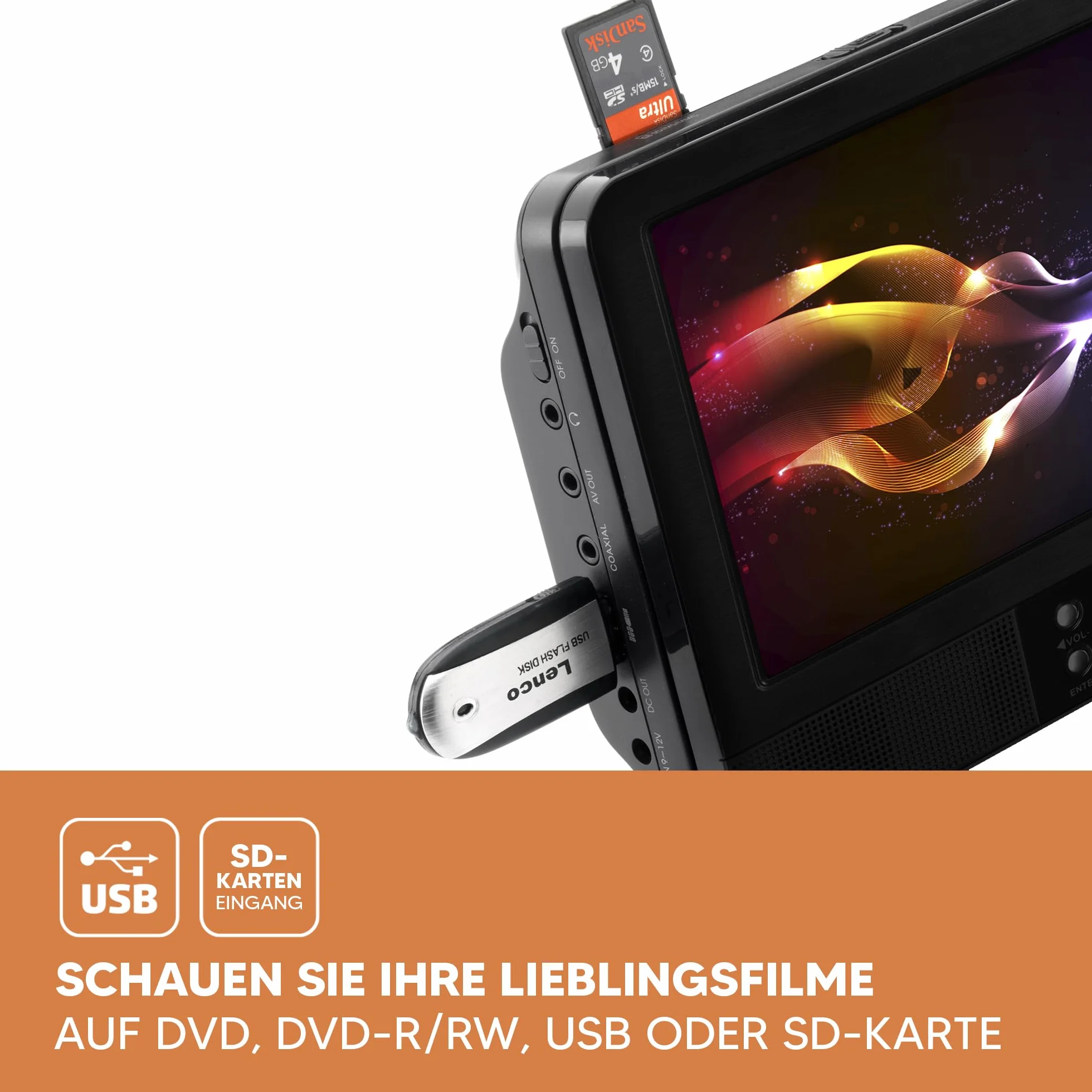 Lenco DVP-939 - Lettore DVD portatile da 2 x 9 pollici con 2 cuffie e 2 supporti per poggiatesta - batteria ricaricabile integrata - ingresso USB - lettore di schede SD - nero