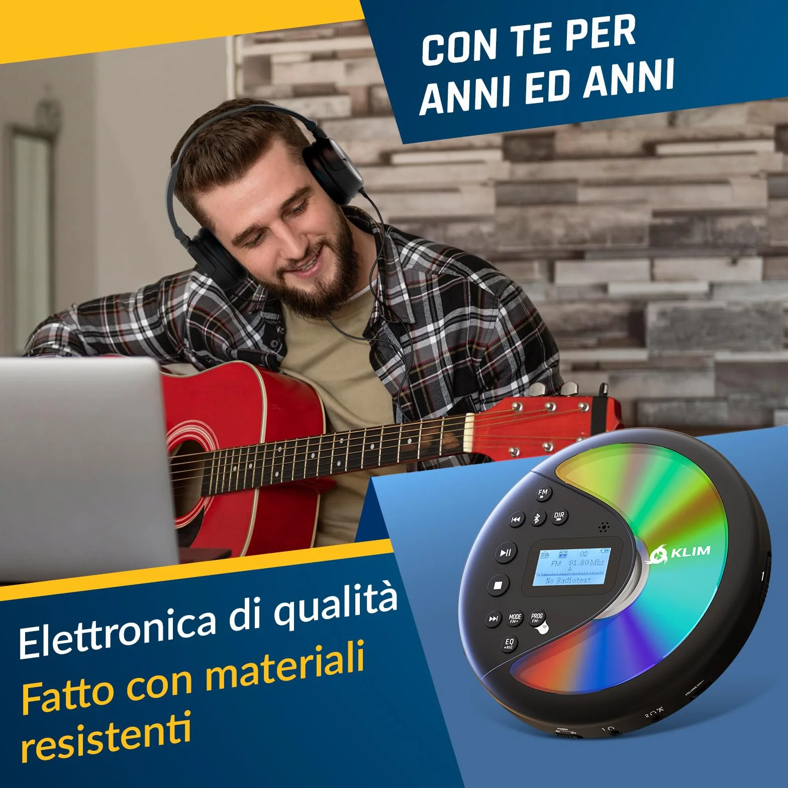 KLIM Discover con le Cuffie + Lettore CD HiFi portatile + NUOVO + Radio FM + Compatibile con MP3 CD Audiolibri + Lettore CD per auto + Supporta Bluetooth per Auto, scheda SD, Trasmettitore FM