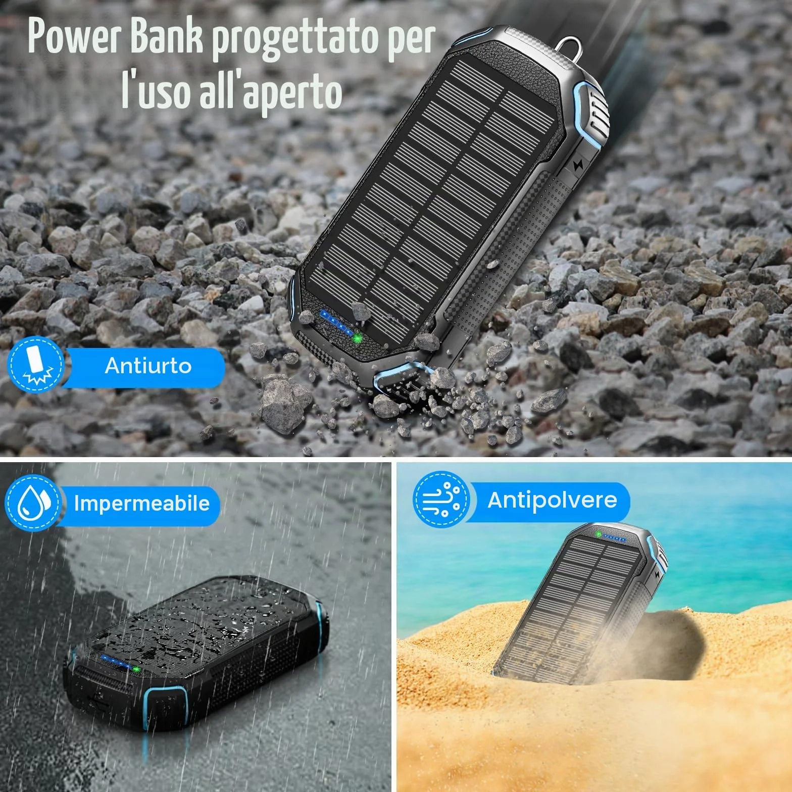 Power Bank Wireless Solar 26800mAh con 3 Cavi, Solar Powerbank USB-C 15W Ricarica Rapida 4 Uscite 3 Ingressi per Telefono Cellulare Caricatore Solare Esterno Batteria con Torcia