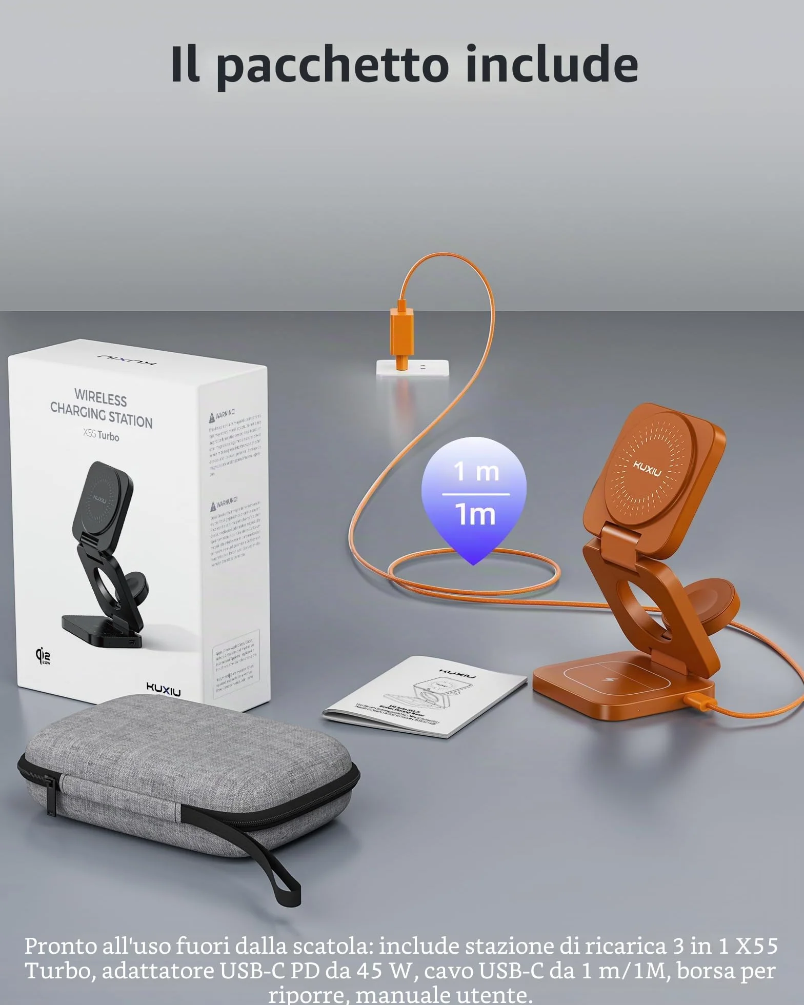 KU XIU X55 Turbo Qi2.2 25W Caricatore Wireless per Magsafe, Pieghevole Stazione di Ricarica 3 in 1, Magnetico Wireless Charger Base per iPhone 17-12 & Watch & AirPods, Adattatore incluso, Arancio