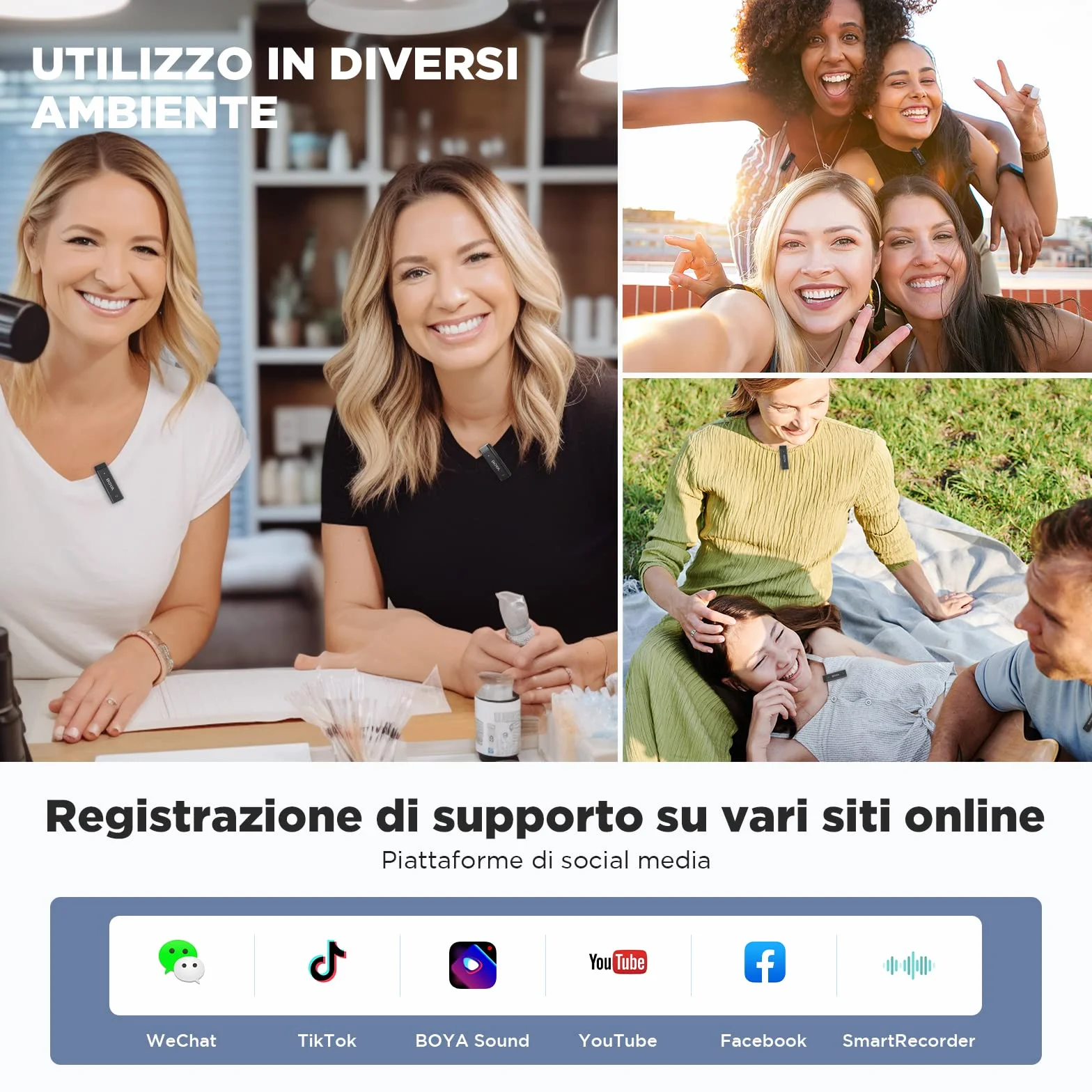BOYA by-W4 - Microfono lavalier wireless a 4 canali, per 4 persone, mini microfono wireless con risvolto con cancellazione del rumore e monitoraggio in tempo reale per YouTube Vlog interviste