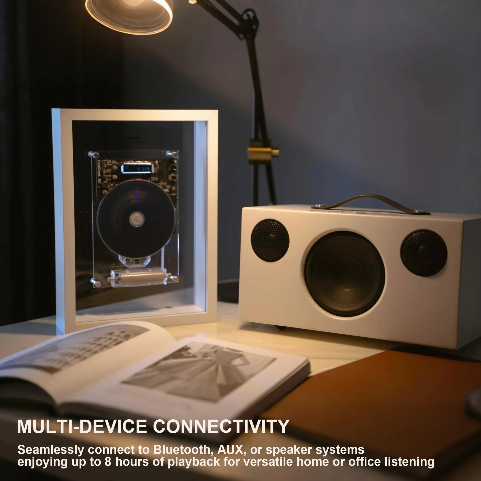 Lettore CD verticale M1 da parete o scrivania, design artistico industriale trasparente, trasmettitore CD Hi-Fi Bluetooth (altoparlante esterno richiesto), batteria ricaricabile 8 ore