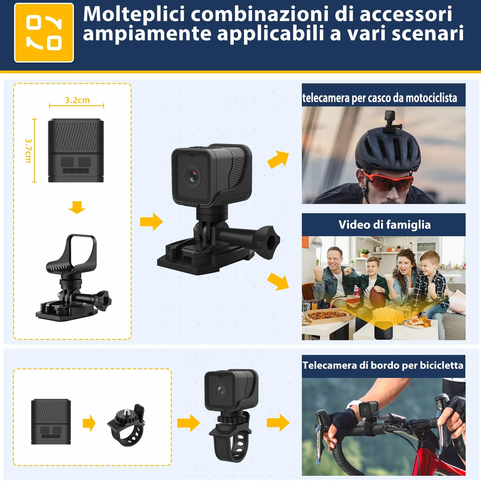 AIKER Dash Cam Moto Mini WiFi Action Cam IP66 1080PHD 120° Regolazione Automatica 64GB