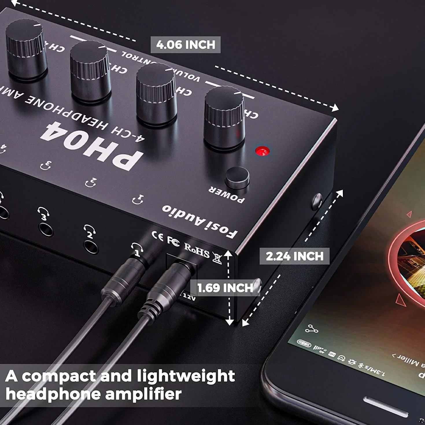 Fosi Audio PH04 Amplificatore per Cuffie a 4 Canali, Compatto Amplificatore Portatile Audio Stereo, con Controlli di Volume, compatibile con cuffie da 3,5 mm/6,35 mm, per Studio, Mixer da Palco