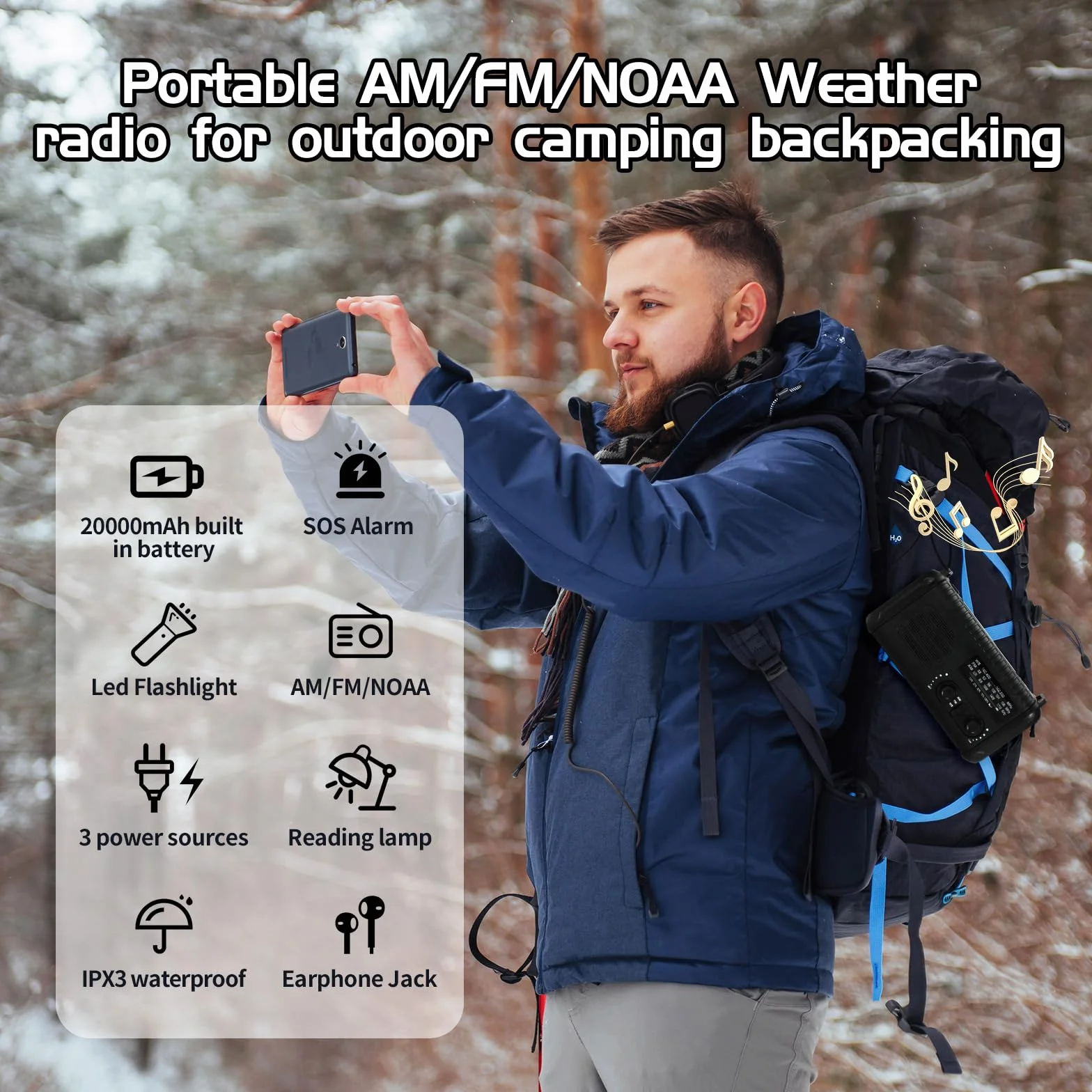 Radio meteorologica di emergenza 20000 mAh AM/FM/NOAA a manovella con torcia e lampada da lettura