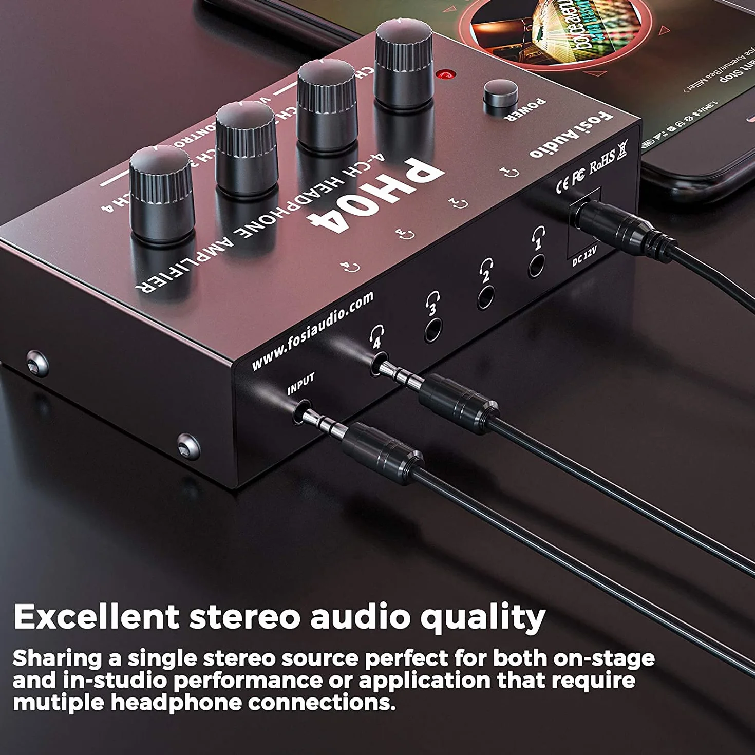 Fosi Audio PH04 Amplificatore per Cuffie a 4 Canali, Compatto Amplificatore Portatile Audio Stereo, con Controlli di Volume, compatibile con cuffie da 3,5 mm/6,35 mm, per Studio, Mixer da Palco