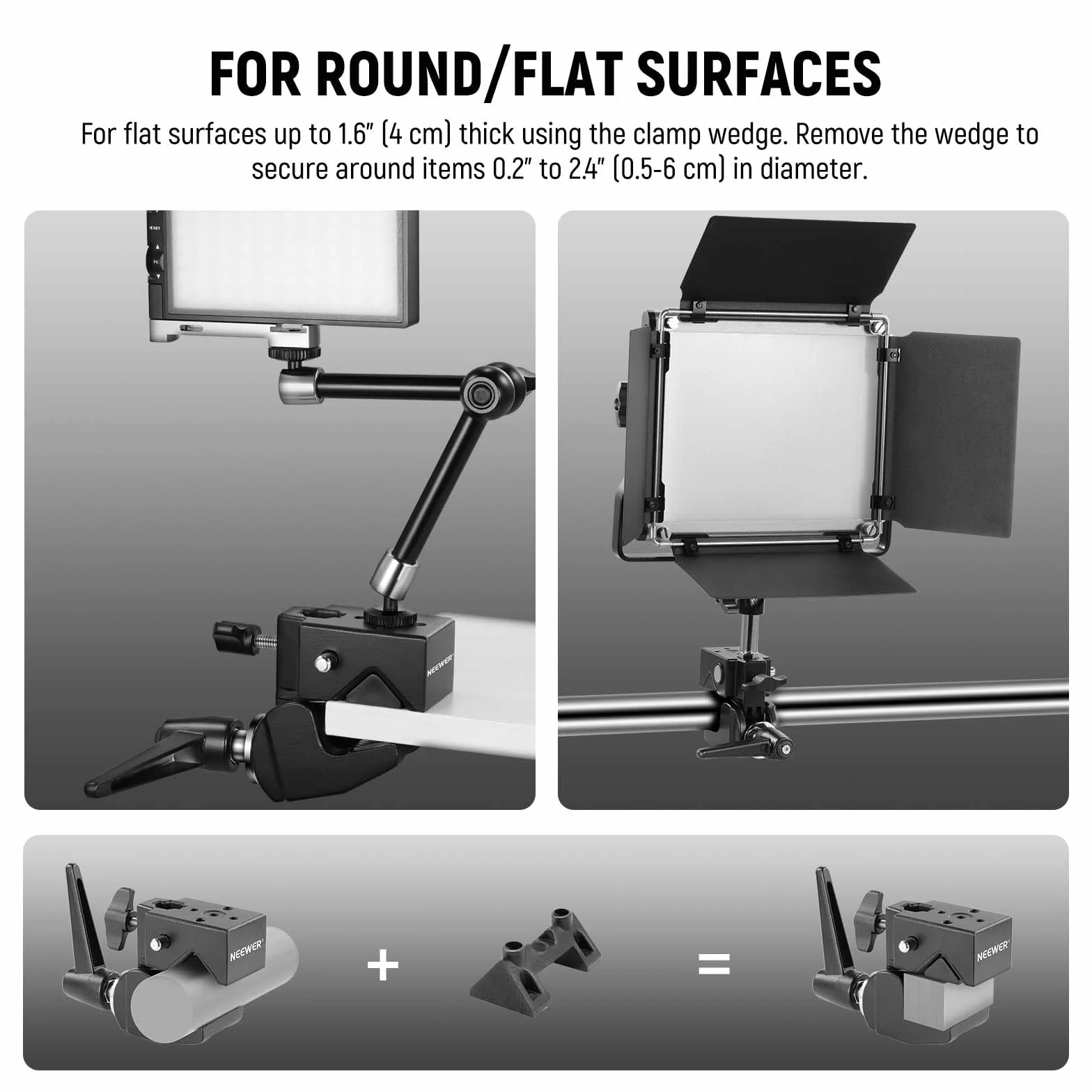 NEEWER 2pz Super Clamp con Perno 5/8", Blocco a Molla, Morsetto Ganascia da 2,4", Morsetto Granchio Robusto per Palo per Superficie Piana di Tubo Tondo, per Montaggio Luce Fotocamera, Max 15kg, UA017
