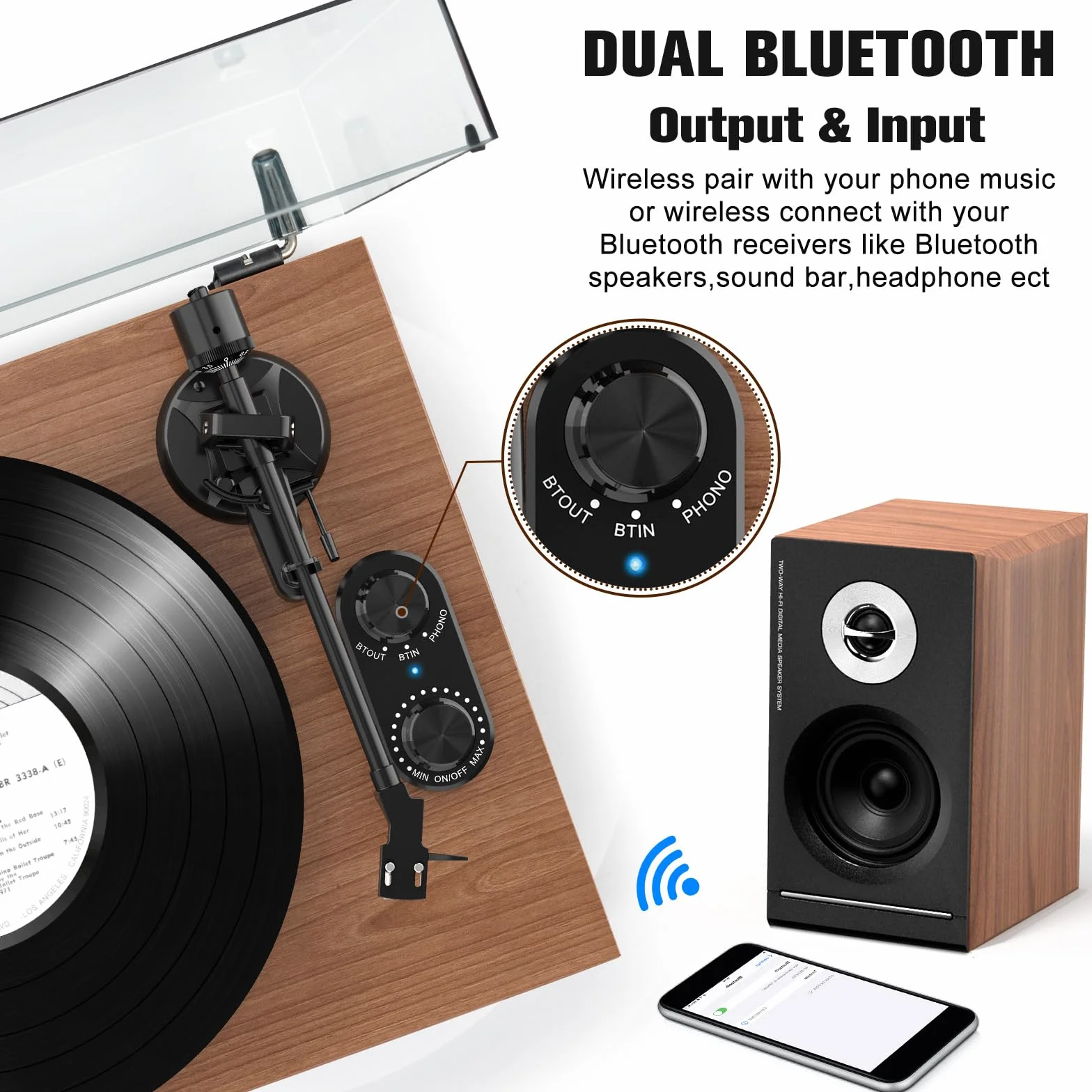 Udreamer Giradischi Sistema Hi-Fi 40 W Lettori Vinile Bluetooth Piatto Alluminio Trasmissione Cinghia 2 Velocità AT-3600L Marrone