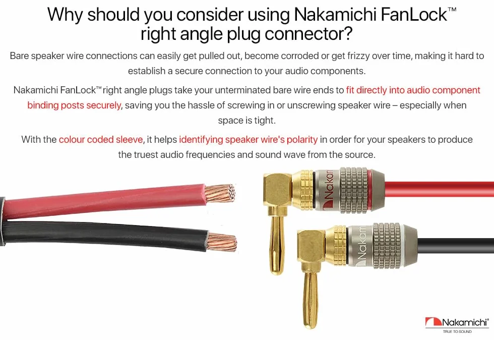 Nakamichi FanLock Excel Connettore a angolo retto banana placcato oro 24 carati 10 AWG - 18 AWG spessore 4 mm 10 pezzi