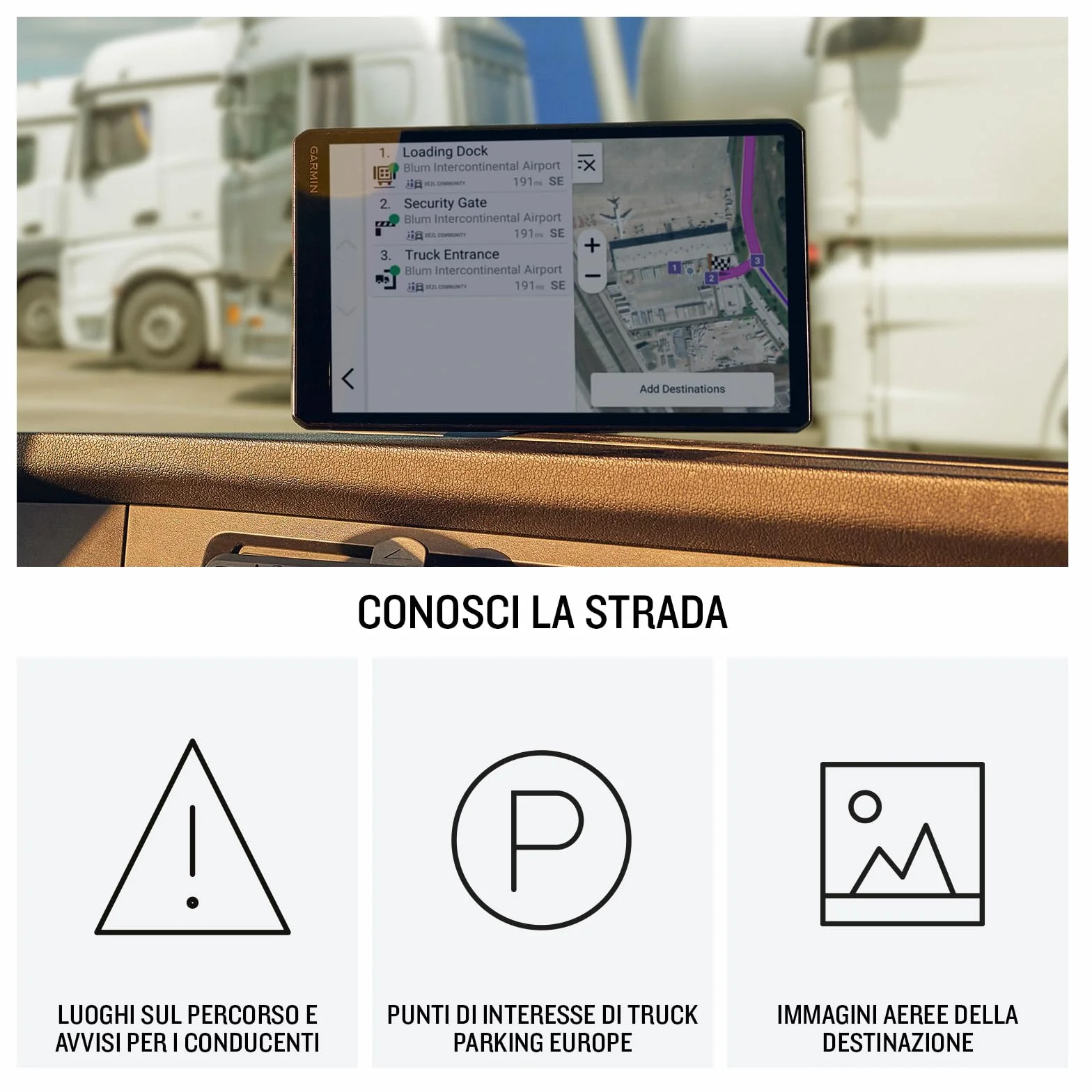 Garmin dēzl LGV720, Navigatore per Camion, GPS, Display da 7", Mappa Europa, Avvisi Meteo, Velocità del Vento, Foto satellitari della destinazione, Percorsi popolari, Traffico Live