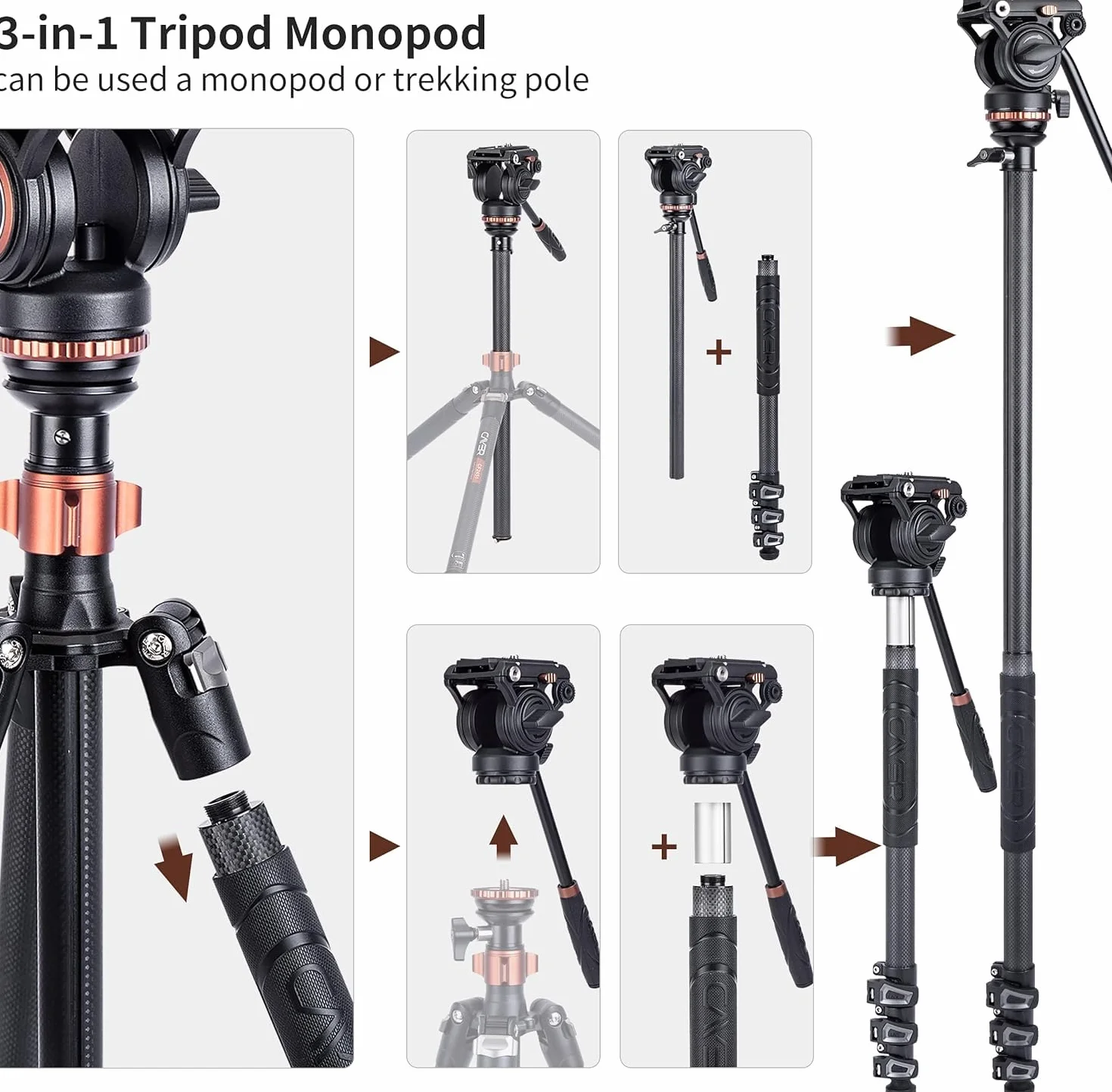 Cayer CF2451 Treppiede video in fibra di carbonio da 67 pollici con testina di trascinamento fluido, treppiede DSLR compatto a 4 sezioni convertibile in monopiede, per fotocamera DSLR Canon Nikon Sony