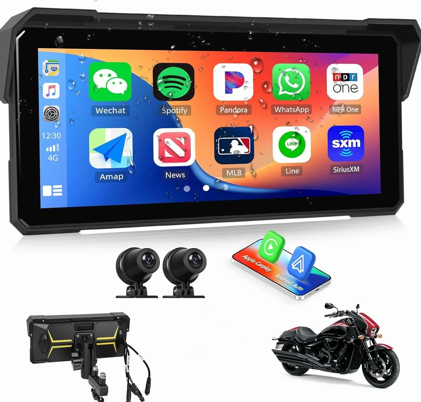 Navigatore per Moto Carplay Display 7" Android Telecamera DVR Attacco Manubrio 7 Pollici