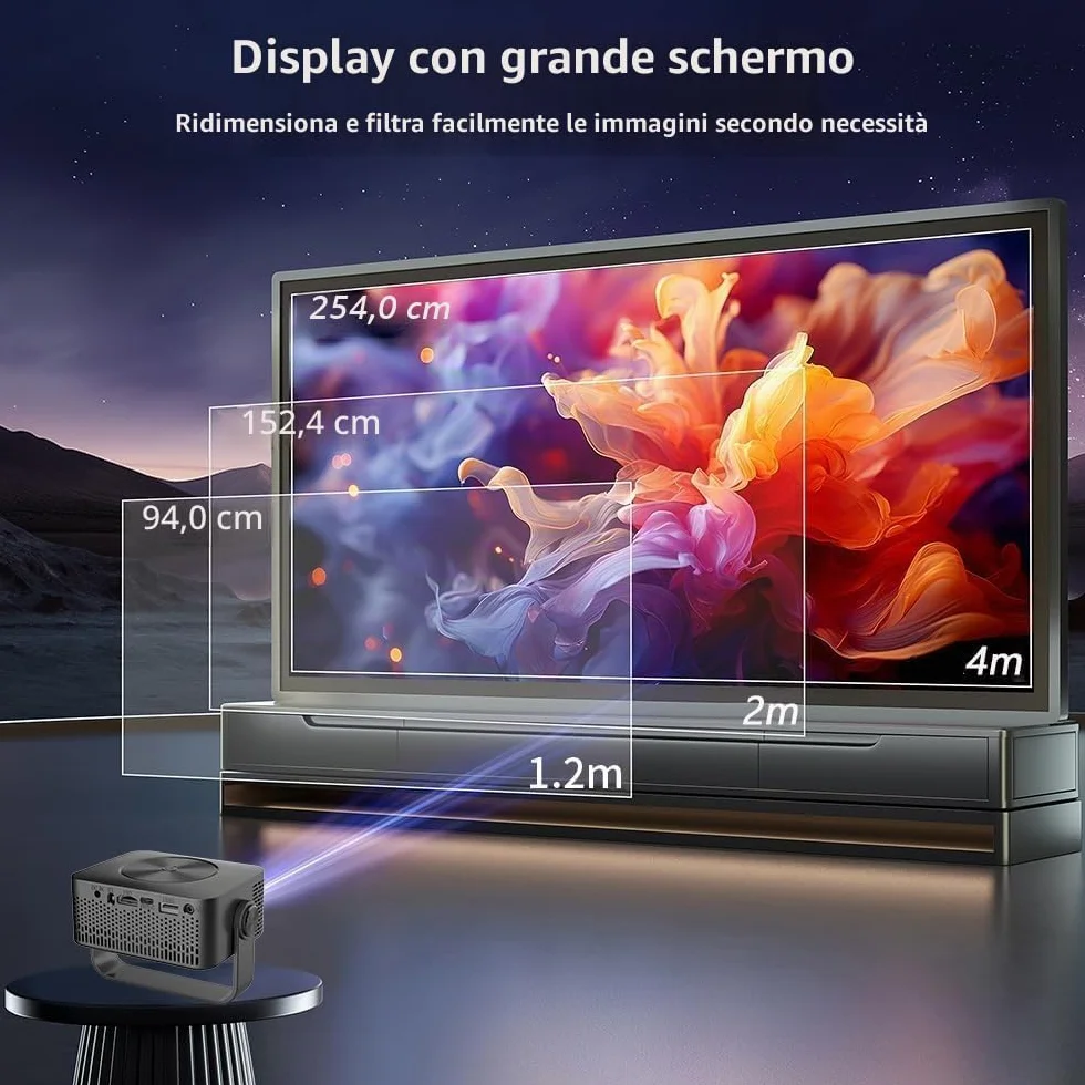 Mini Proiettore, 4K 1080P Proiettore Portatile con Zoom, Support WiFi Rotabile 360°, Video Projector TV Home Cinema per Cellulari Tablet/Laptop/PC/HDMI/USB(Nero)