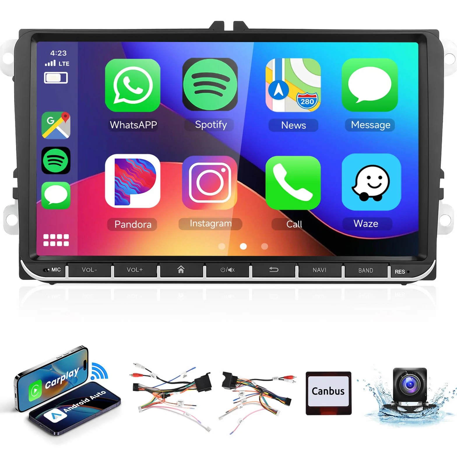 2G+64G Autoradio per VW Golf 5 6 Passat Jetta Caddy EOS T5 Tiguan Touran CC Polo con Carplay Android Auto Wireless, 9" Schermo Tattile Stereo Auto co Bluetooth GPS Wi-Fi FM RDS Mirror Link Retrocamera