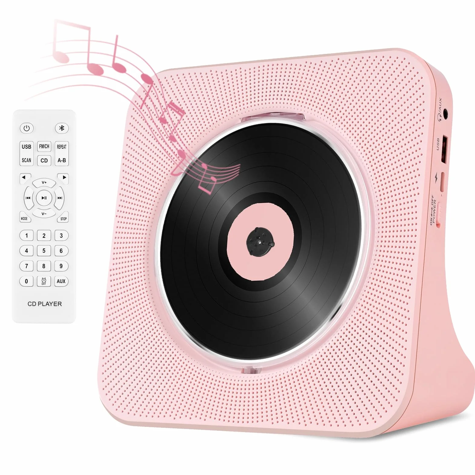 Rosa Lettore CD Bluetooth con Altoparlante HIFI, Lettore CD Musicali con Telecomando, Schermo LED, AUX/USB, Coperchio Antipolvere，Lettori CDs Stereo