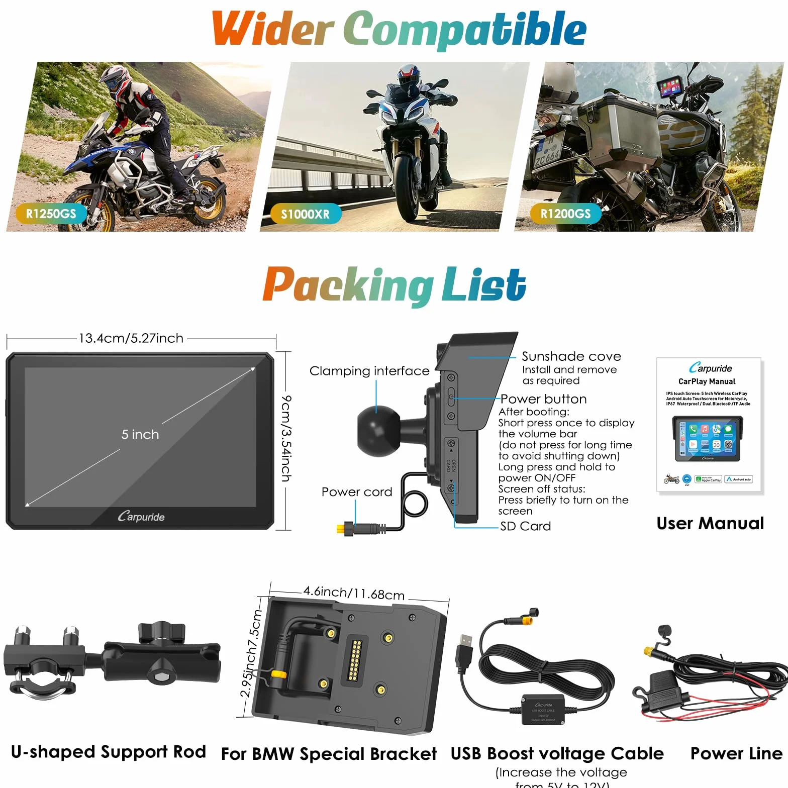 Carpuride W502B Schermo CarPlay 5 Pollici Touchscreen Impermeabile per BMW Moto R1200GS R1250GS S1000XR Navigazione GPS Wireless CarPlay Android Auto Doppio Bluetooth