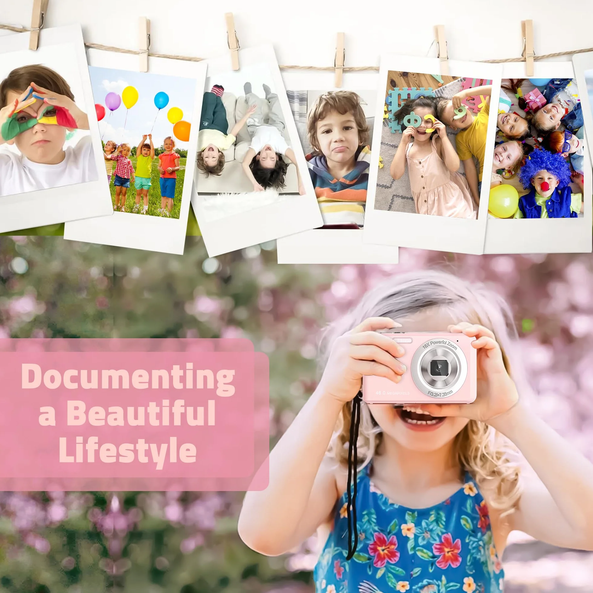 Fotocamera Digitale, HD 1080P con Scheda di Memoria da 32 GB, Fotocamera da 48 Megapixel, LCD da 2,4 Pollici con Zoom Digitale 16x per Ragazze, Adolescenti, Ragazzi e Principianti (Rosa)
