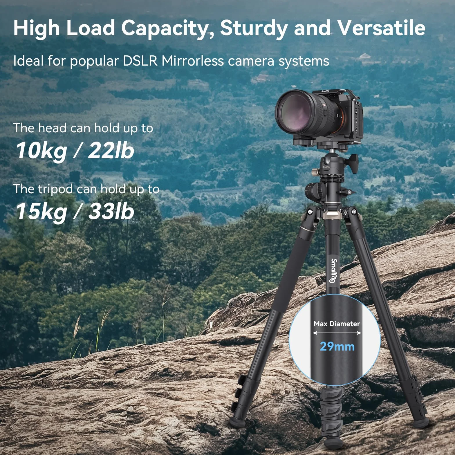 SMALLRIG 2 in 1 Camera Tripod, Treppiede/Monopiede Orizzontale con Colonna Centrale con Rotazione a 360°, con Supporto per Smartphone, per DSLR, Videocamera, CT200, Carico Massimo 22lb/10kg - 4288
