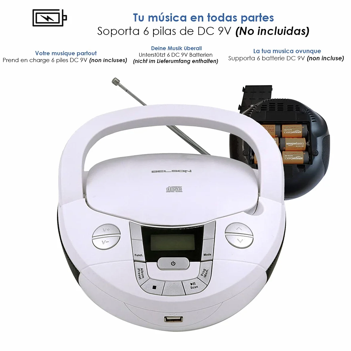 Boombox Radio CD/MP3 con Bluetooth BSL PCD-31 bianco | con 2 W di potenza RMS | Radio FM e USB Lettore MP3 | Display LCD | AUX IN | Uscita cuffie
