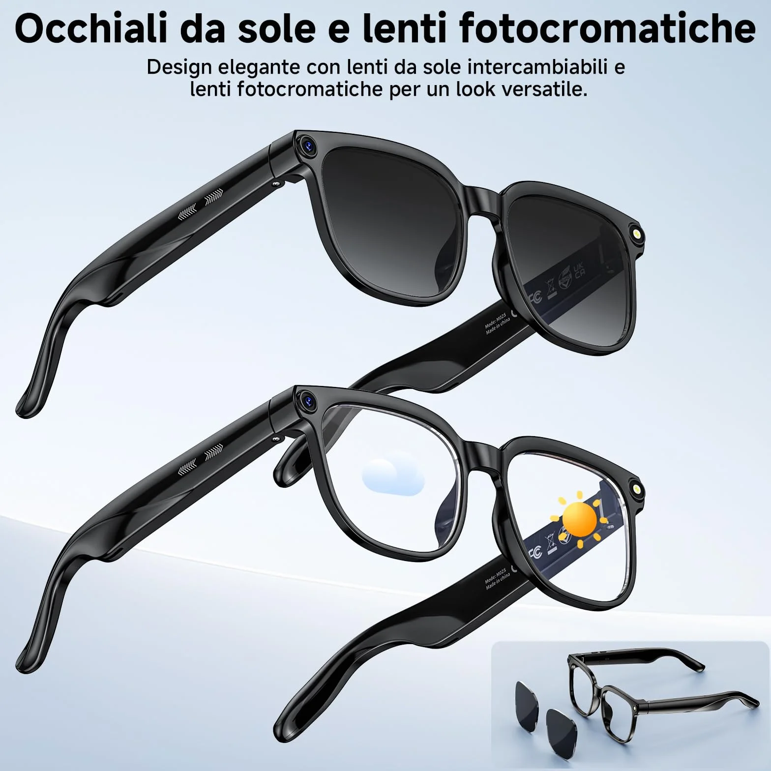 Occhiali intelligenti AI, Smart Glasses con 8K Fotocamera, 2 Paia di Lenti, registrazione video e audio HD 1080p, riproduzione musicale/Chiamate Bluetooth/Assistente AI/traduzione in tempo reale