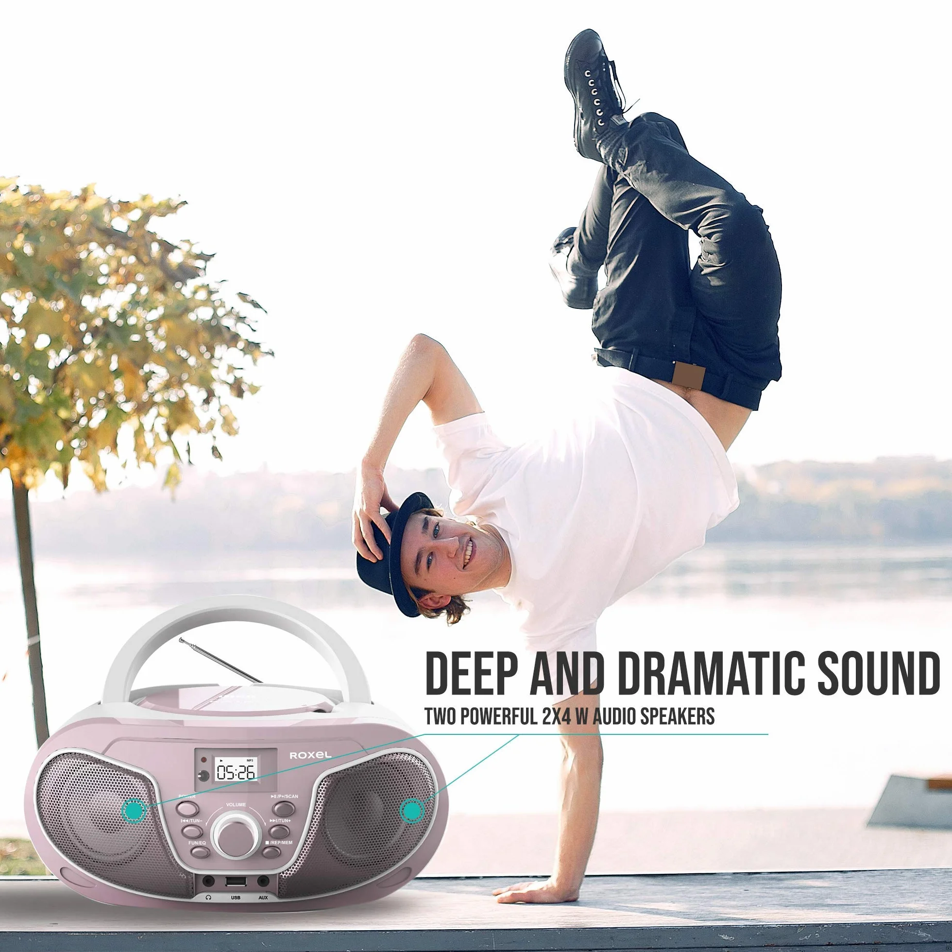 Roxel RCD-S70BT Boombox portatile lettore CD con telecomando, radio FM, riproduzione MP3 USB, ingresso AUX da 3,5 mm, jack per cuffie, display a LED, streaming musicale wireless (rosa)