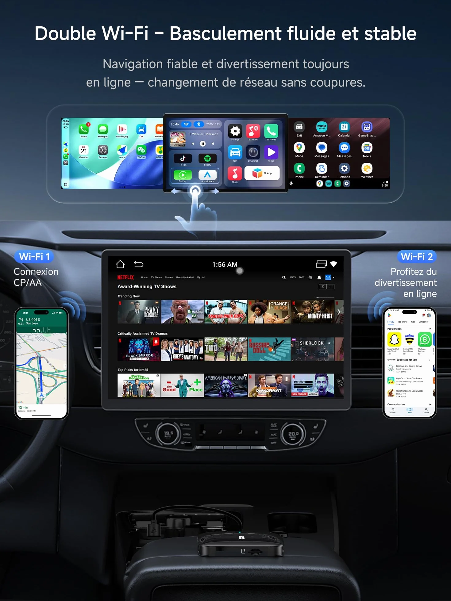 Adattatore CarPlay Wireless, AI Box Android Auto Wireless con Doppio Wi-Fi Stabile, AI Box CarPlay Compatibile con CarPlay e Android Auto Cablati di Serie, Supporto per YouTube/Netflix, 2GB+16GB,CB4A