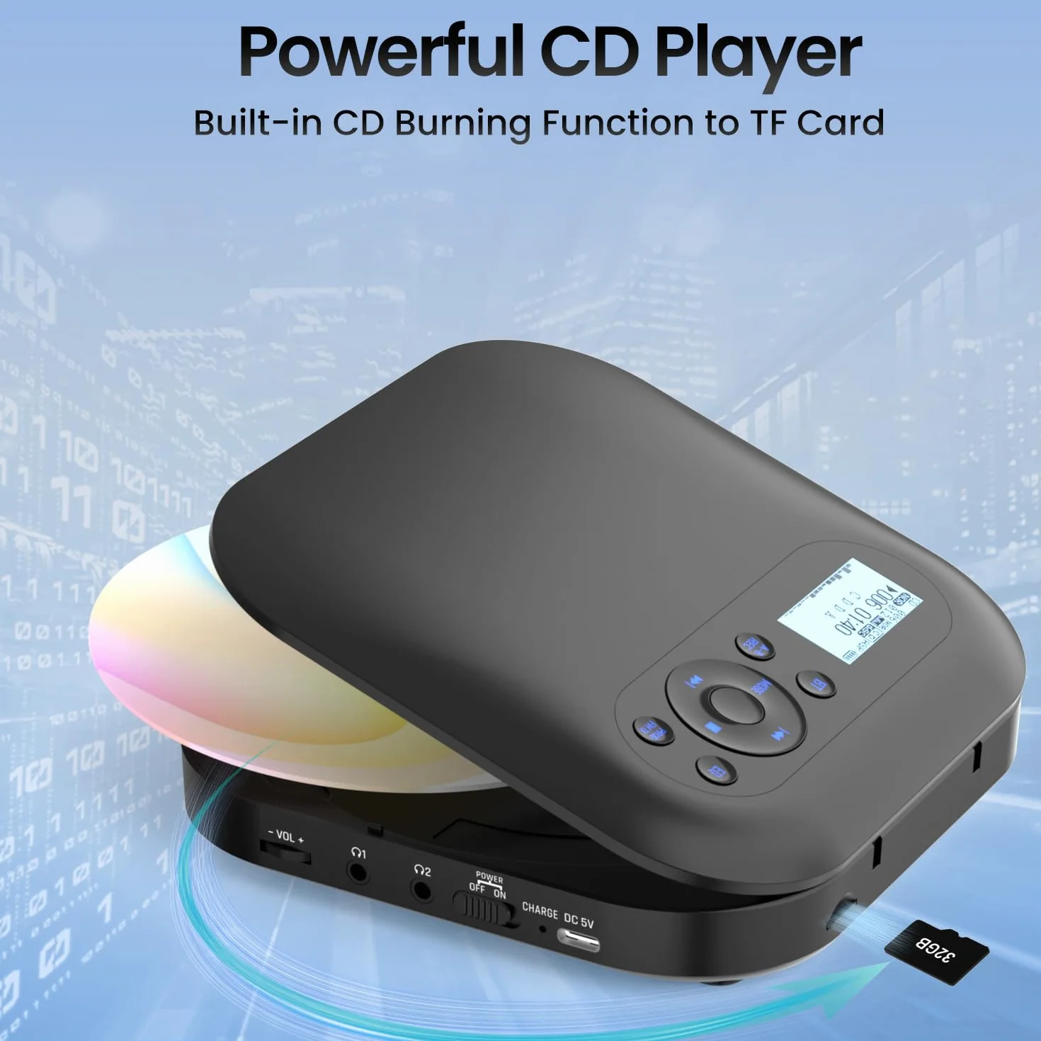 Lettore CD portatile con Bluetooth, NUOVO Lettore CD Discman ricaricabile per auto con FM, Due altoparlanti stereo, Anti-Skip, Due connettori per cuffie, Per regalo