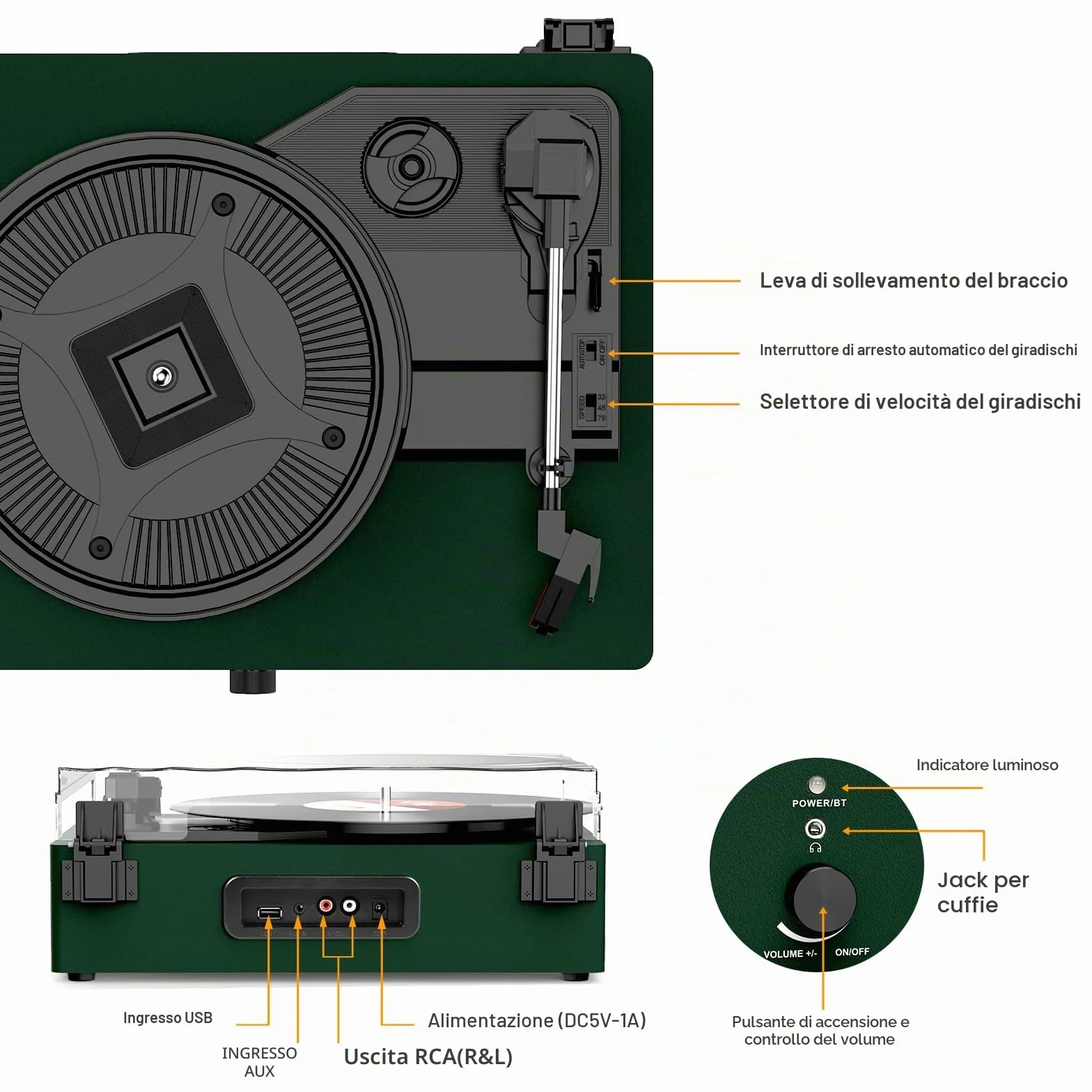 Udreamer Giradischi Bluetooth con Altoparlanti Integrati, Fonografo Vintage 3 Velocità, Verde