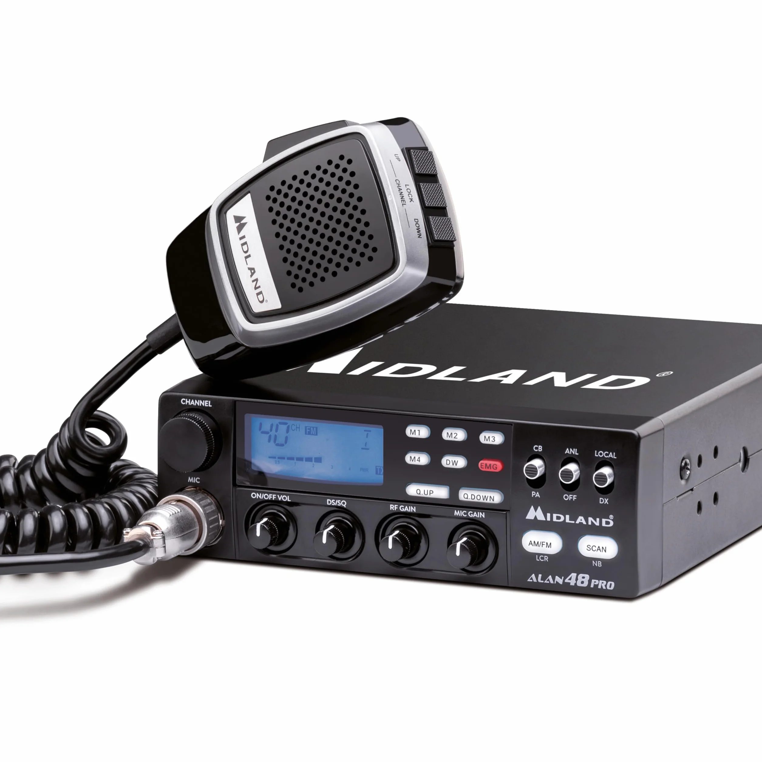 Midland - Radio CB ALAN 48 PRO, Ricetrasmittente Veicolare Multibanda Senza Licenza, Potenza Regolabile 1W/4W, Display LCD, SCAN, Dual Watch, RF Gain, Filtri ANL e Noise Blanker, Microfono 6 Pin