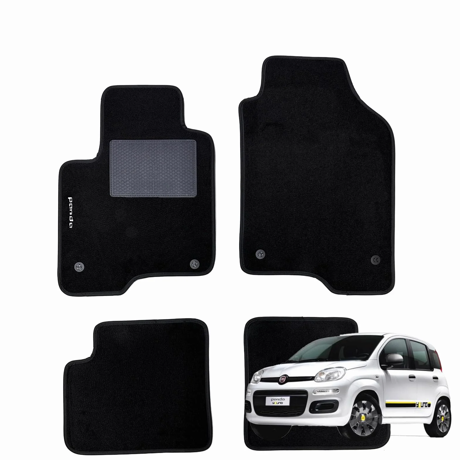 W-Parts SERIE 4 TAPPETI - TAPPETINI in MOQUETTE Neri per Panda III dal 2012 con battitacco Cucito, Bottoni di Fissaggio e Striscia Antiscivolo