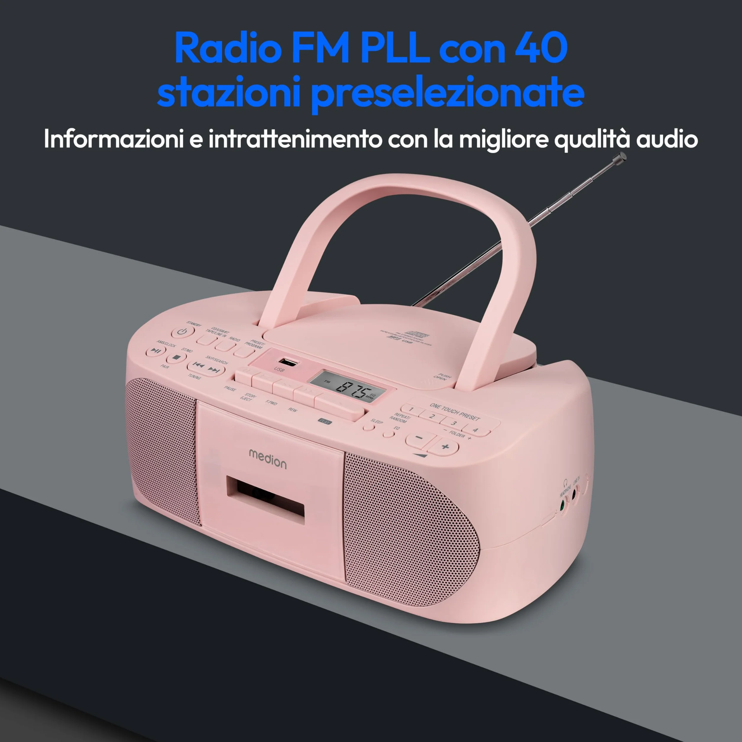 MEDION E65010 Radio Stereo (Lettore CD, Cassette, connessione USB, Ingresso Audio AUX, Riproduzione MP3. Radio FM PLL, Memoria 40 stazioni, Funzionamento a Batteria, Telecomando) Rosa