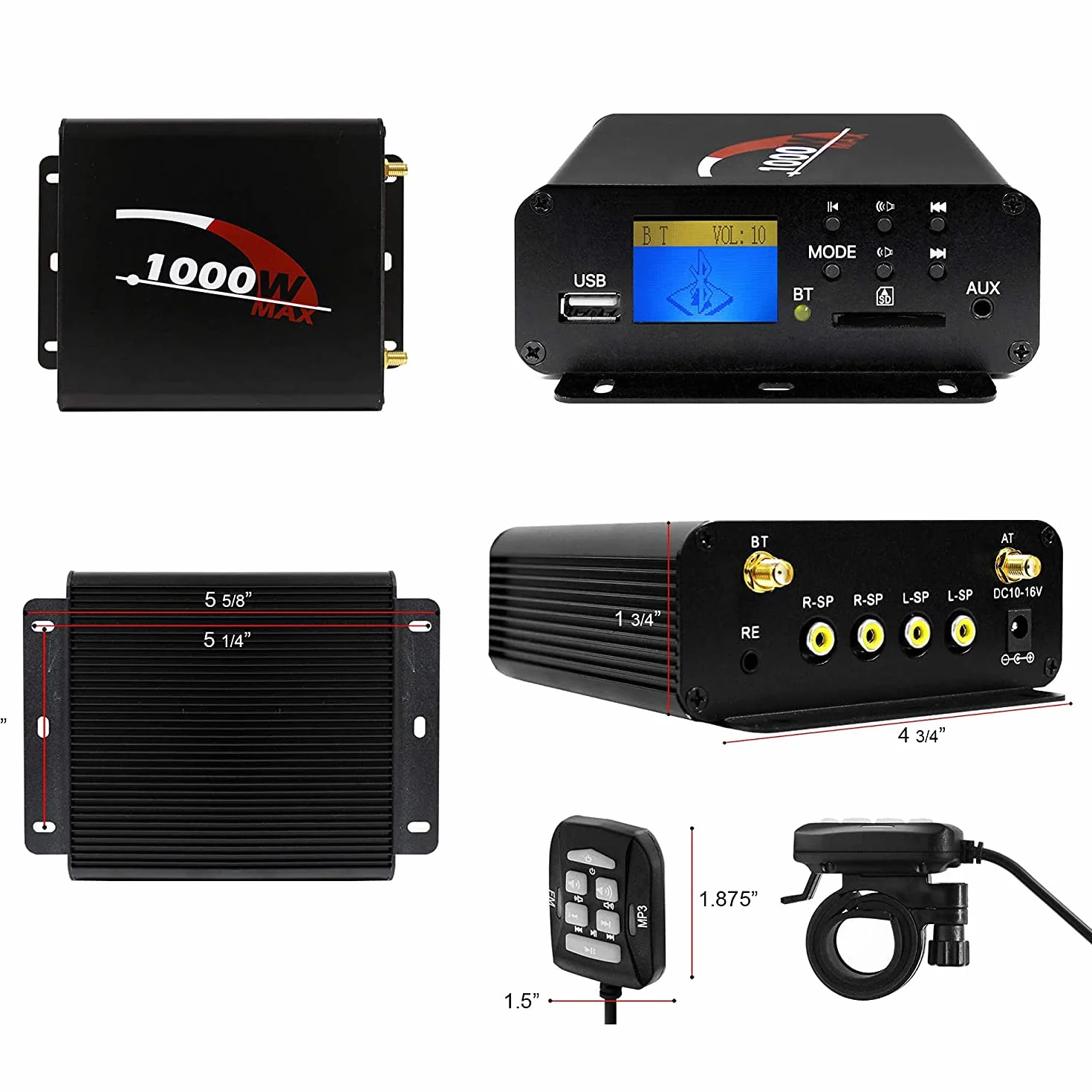 1000W Potente amplificatore stereo multimediale Bluetooth a 4 canali con radio FM SD AUX USB, amplificatore sostitutivo del sistema audio per moto serie M1000 per Harley ATV UTV RZR Polaris