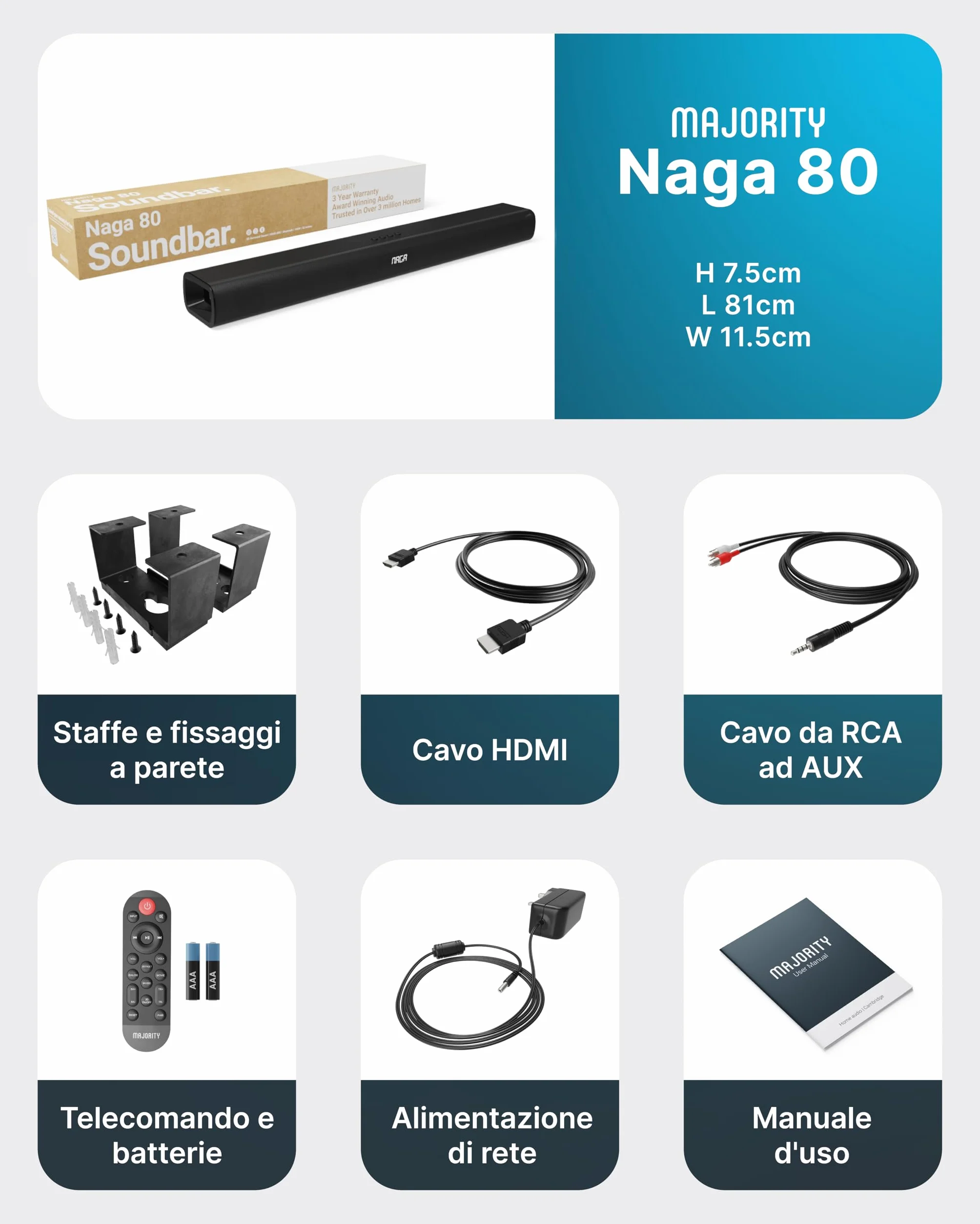 Majority Naga 80 Soundbar Bluetooth per TV | Barra Audio 2.2 Canali 140W con Subwoofer Integrato | HDMI ARC, Ottico, AUX, USB | Soundbar per Smart TV con Suono Surround 3D