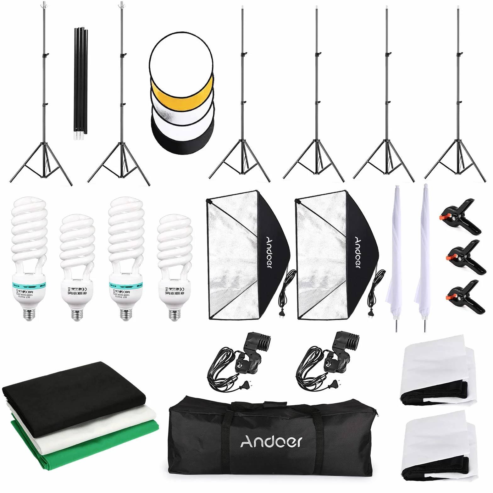 Andoer Set Fotografico, Studio Fotografico Kit di Illuminazione 1.8x 2.8m/6x9ft con Sistema per Sfondo 135W 5500K Ombrello Softbox Softbox kits 5in1 Reflector for Photo Studio Fotografia Video